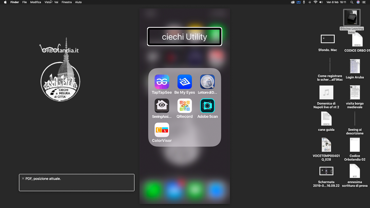 schermata iMac con cartella Ciechi Utility di un iPhone