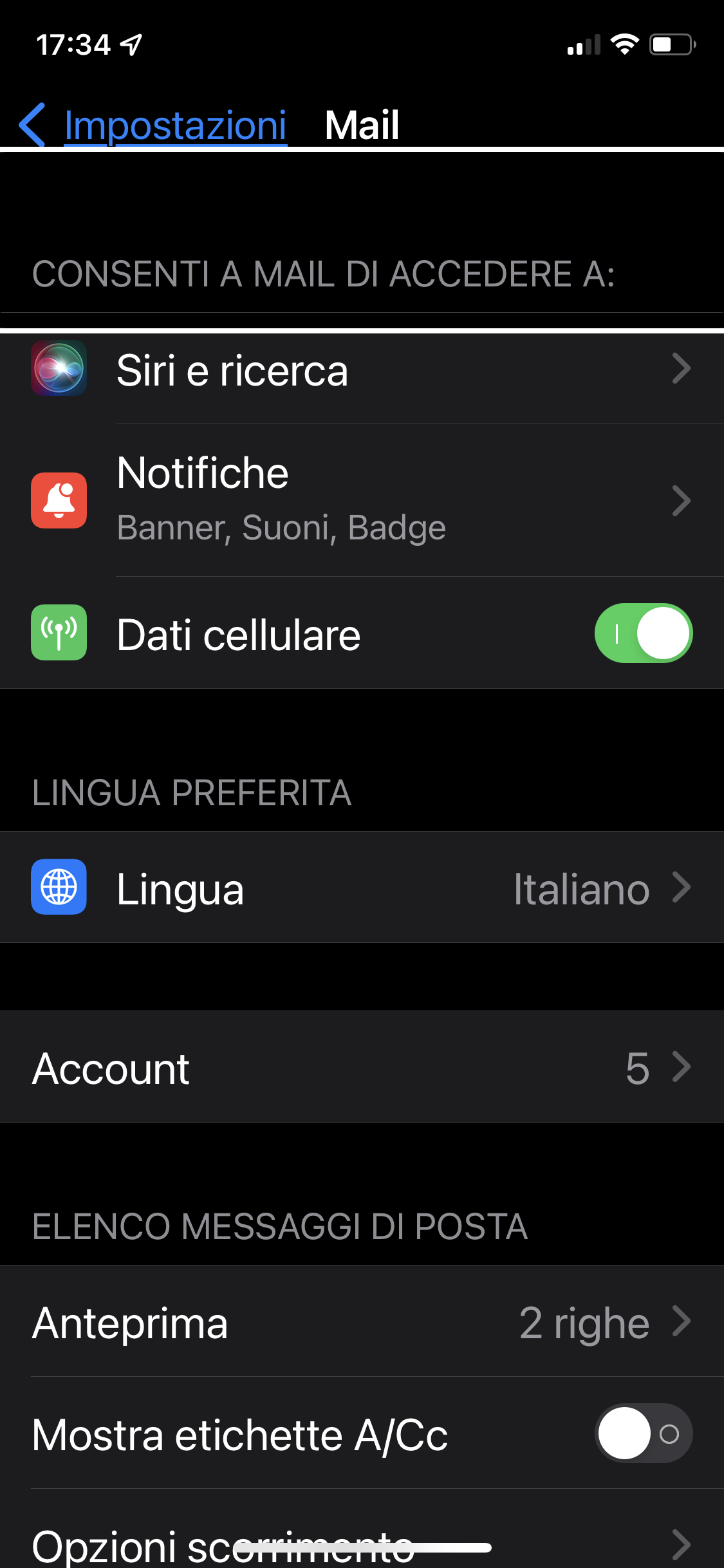 nell’immagine uno screenshot dell’iPhone aperto su impostazioni-mail
