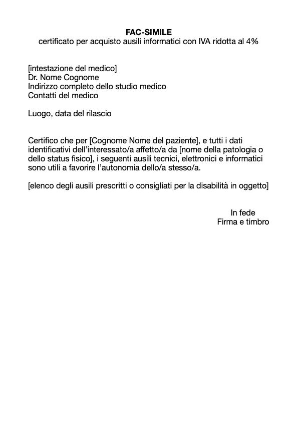 Nell’immagine si vede un facsimile del certificato integrativo Al verbale di invalidità per semplificare l’acquisto di ausili con l’Iva ridotta al 4%