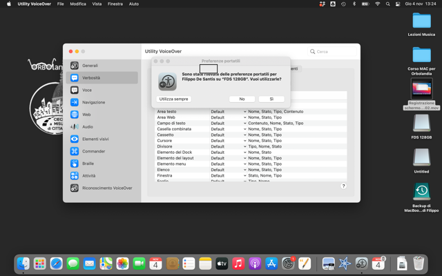 nell’immagine uno screenshot del Mac aperto mentre modifica le impostazioni del VoiceOver