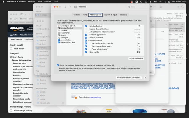Nell'immagine una schermata del Mac, con l'applicazione Preferenze di Sistema aperta sul Pannello Abbreviazioni, delle  preferenze di Tastiera.