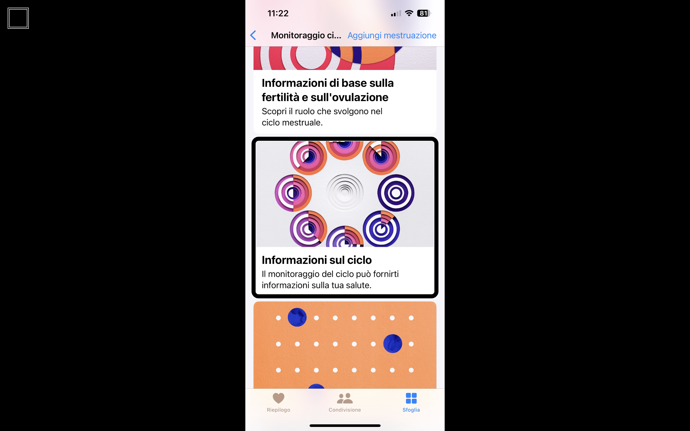 Nell'immagine la schermata di un iPhone aperta sulla categoria Monitoraggio del ciclo mestruale dell'applicazione Salute