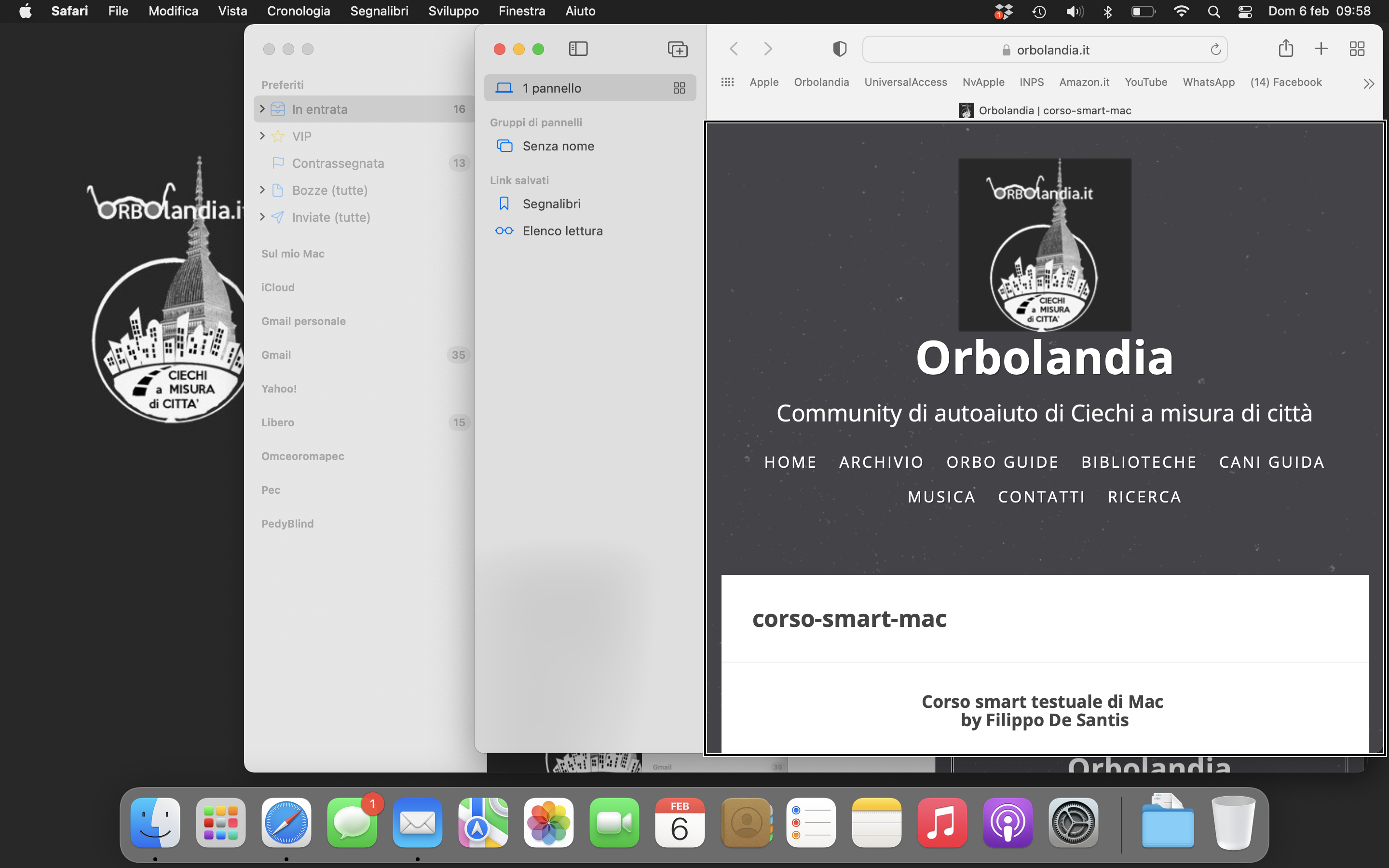 Nell'immagine lo screenshot del Desktop di un MacBook, con l’applicazione Safari in primo piano, dove è aperta una pagina di Orbolandia, e l'applicazione Mail subito dietro.