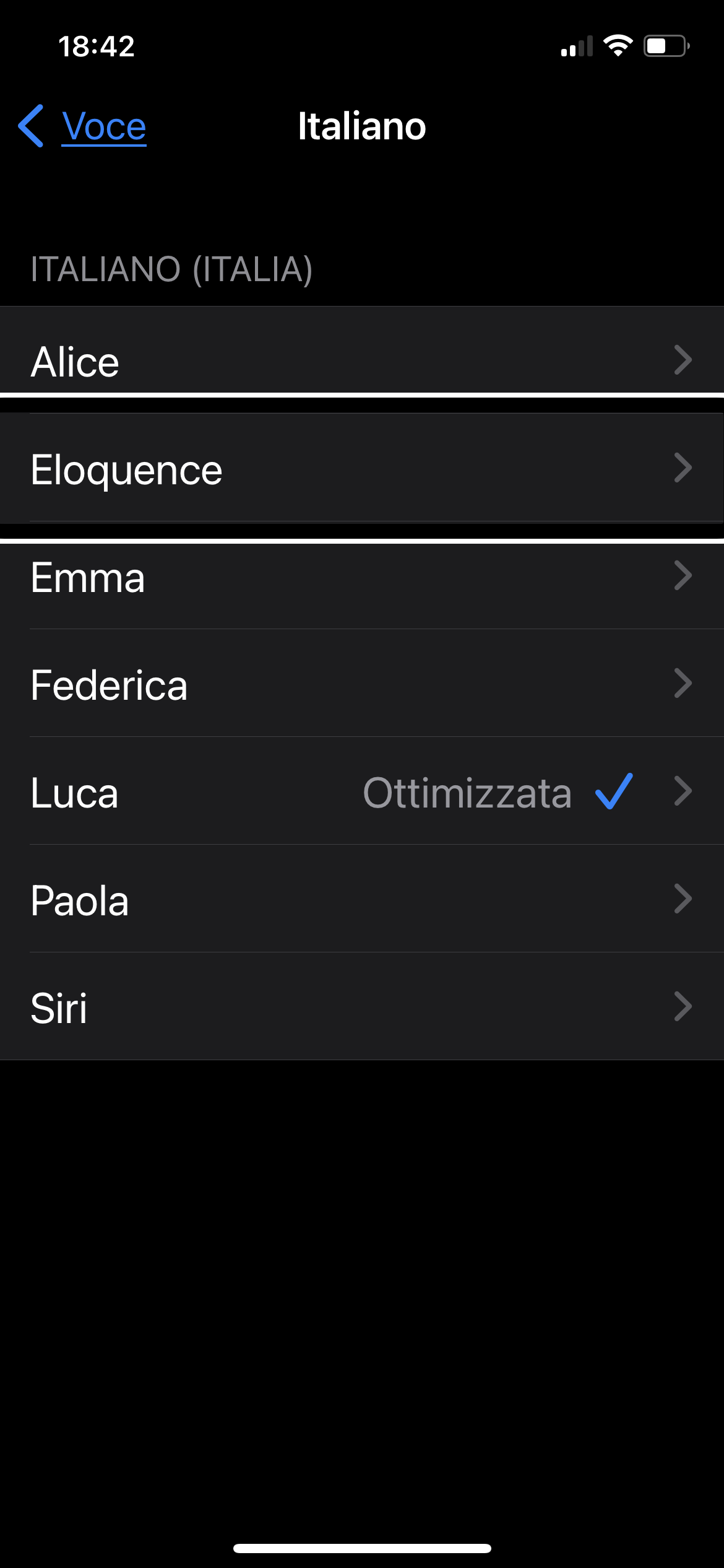 nell’immagine uno screenshot dell’iPhone aperto su impostazioni; voce; eloquence