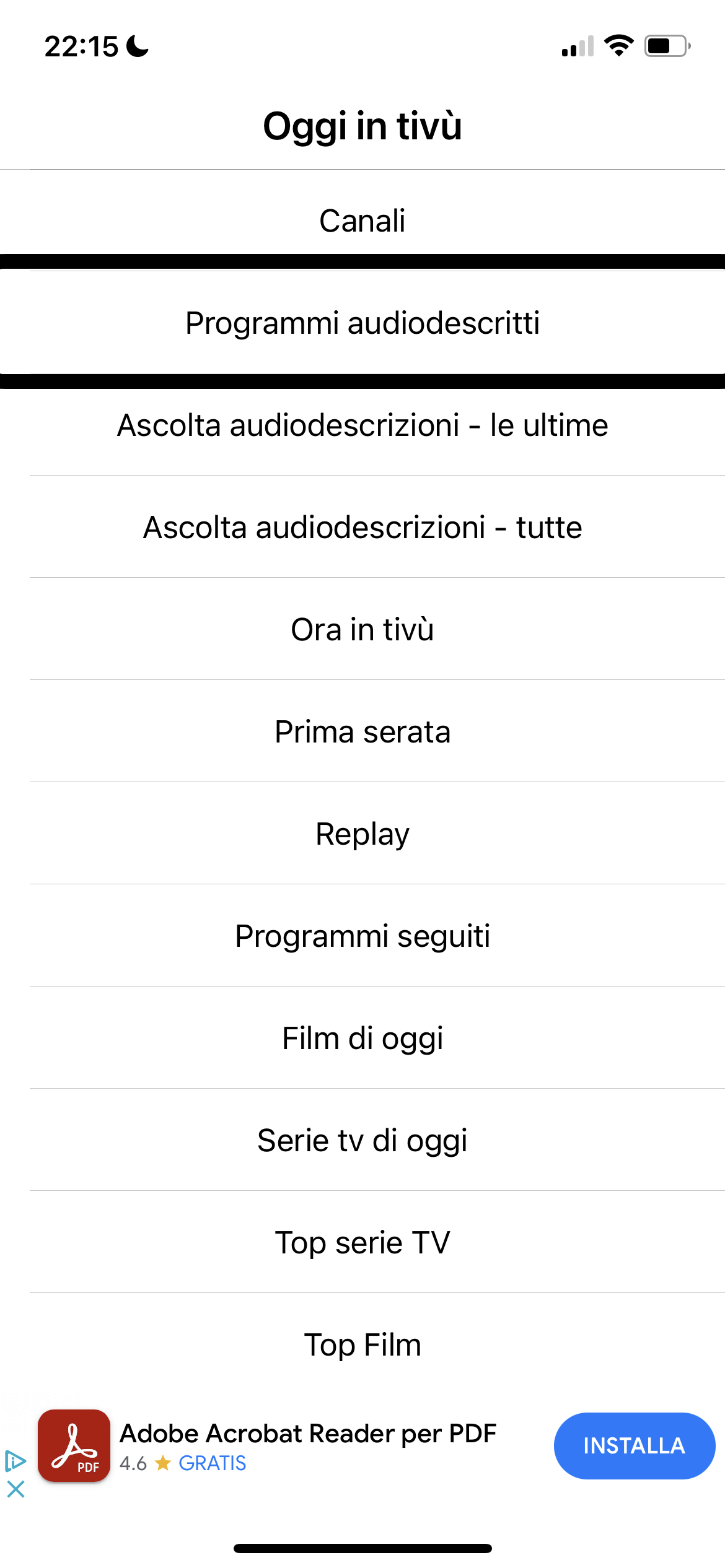 nell’immagine uno screenshot dell’iPhone aperto sulla home dell’applicazione Oggi in TV