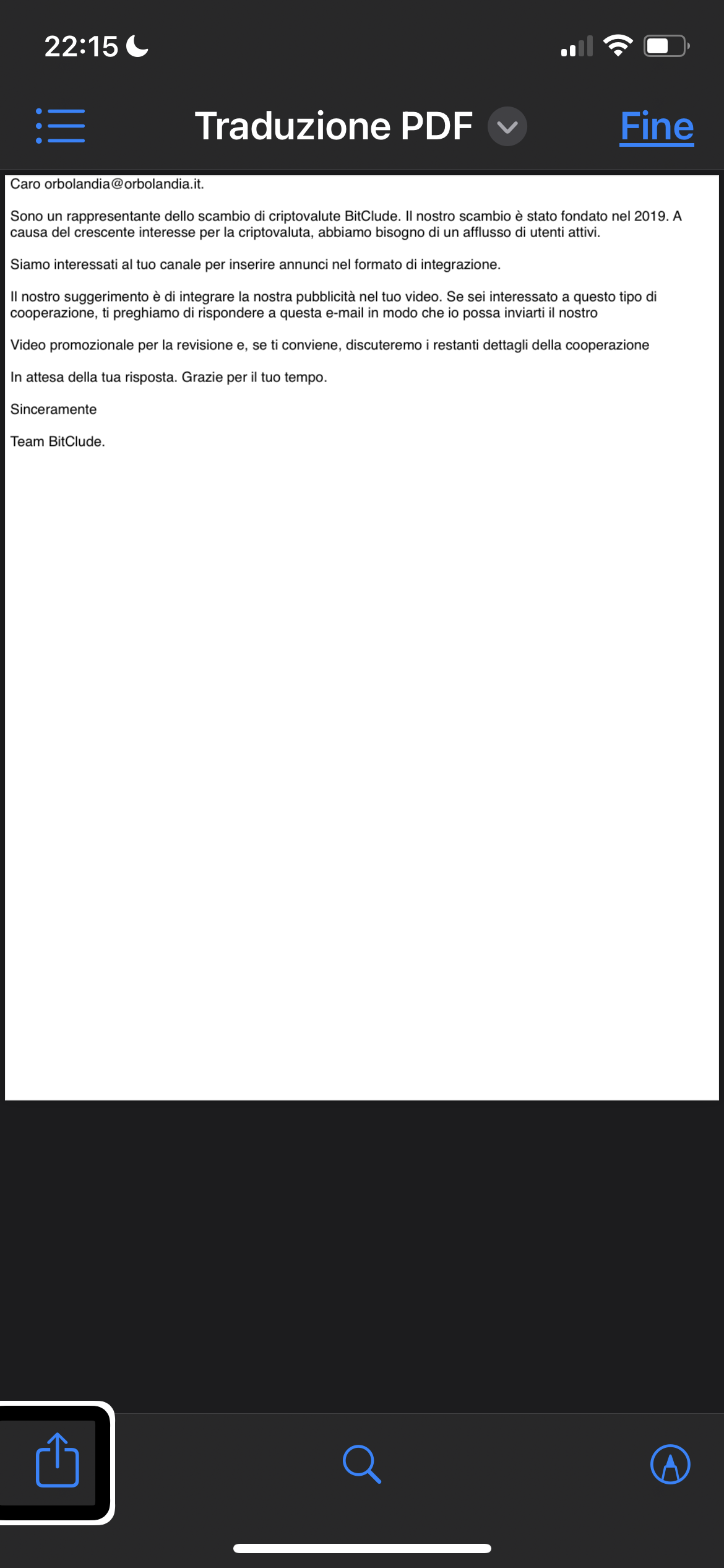 nell’immagine uno screenshot dell’iPhone aperto sulla mail tradotta