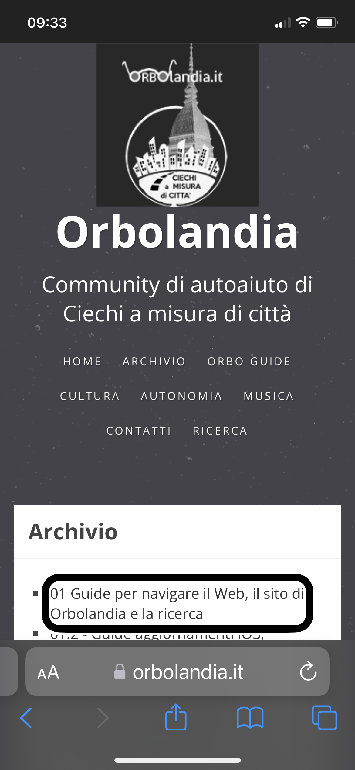 nell’immagine uno screenshot nell’iPhone aperto su applicazione Safari alla pagina di Orbolandia e più precisamente alla sezione archivio