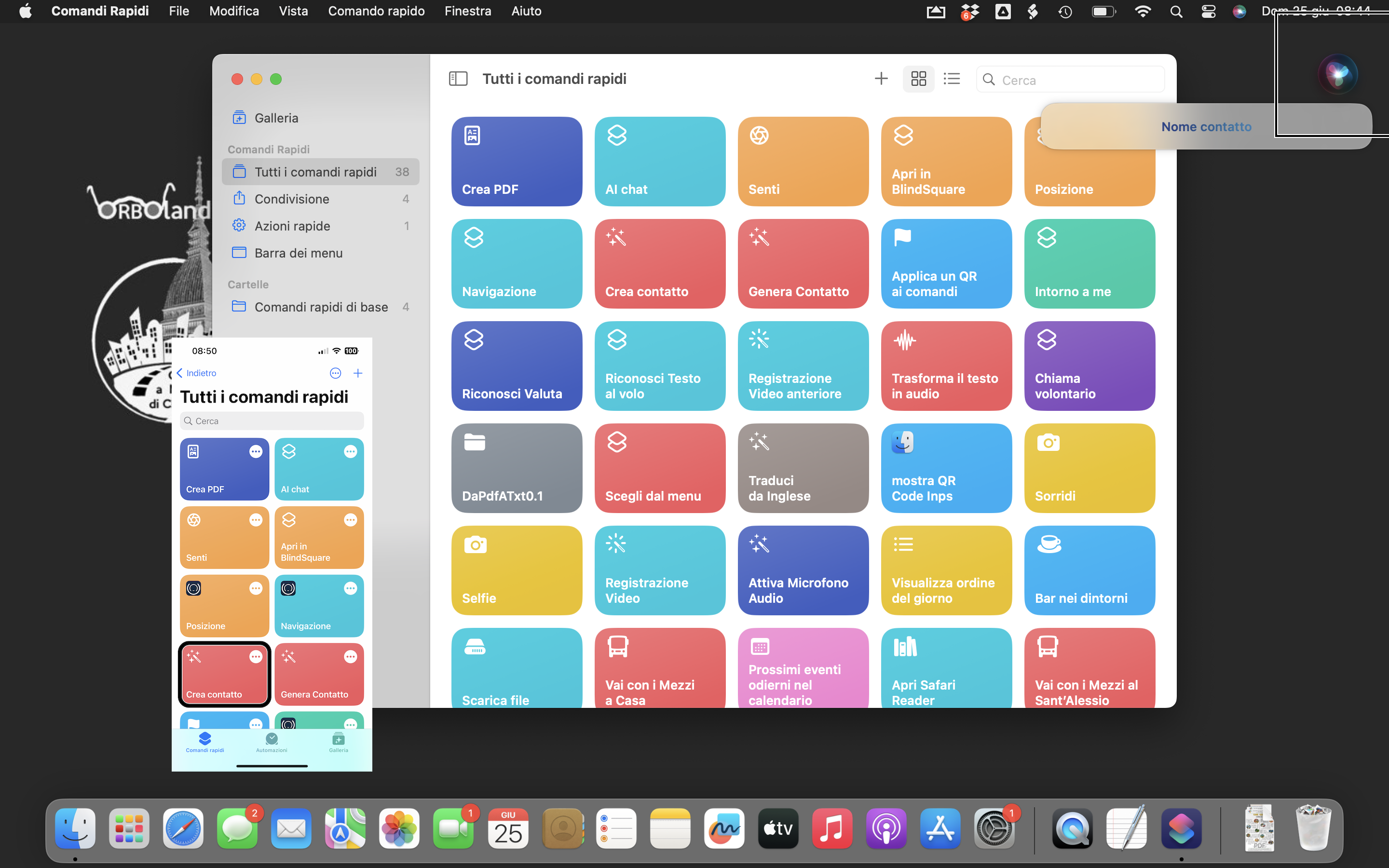 Nell'immagine la schermata di un Mac con l'applicazione Comandi Rapidi in esecuzione, ed in sovrimpressione, sull'angolo in basso a sinistra, lo ScreenShot dell'iPhone sempre sull'applicazione Comandi Rapidi