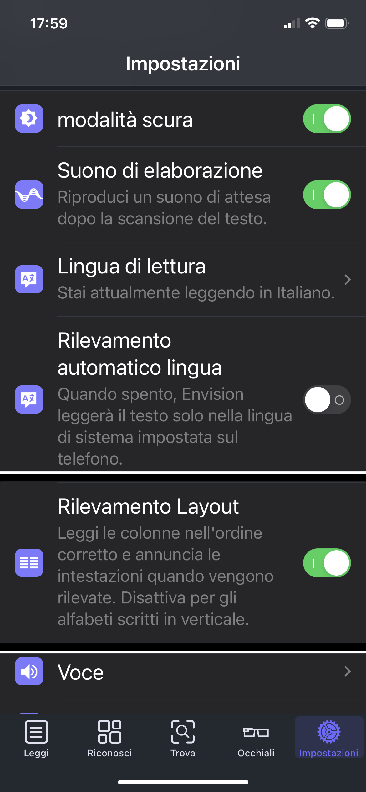 nell’immagine uno screenshot dell’iPhone aperto su Envision alla pagina delle impostazioni 