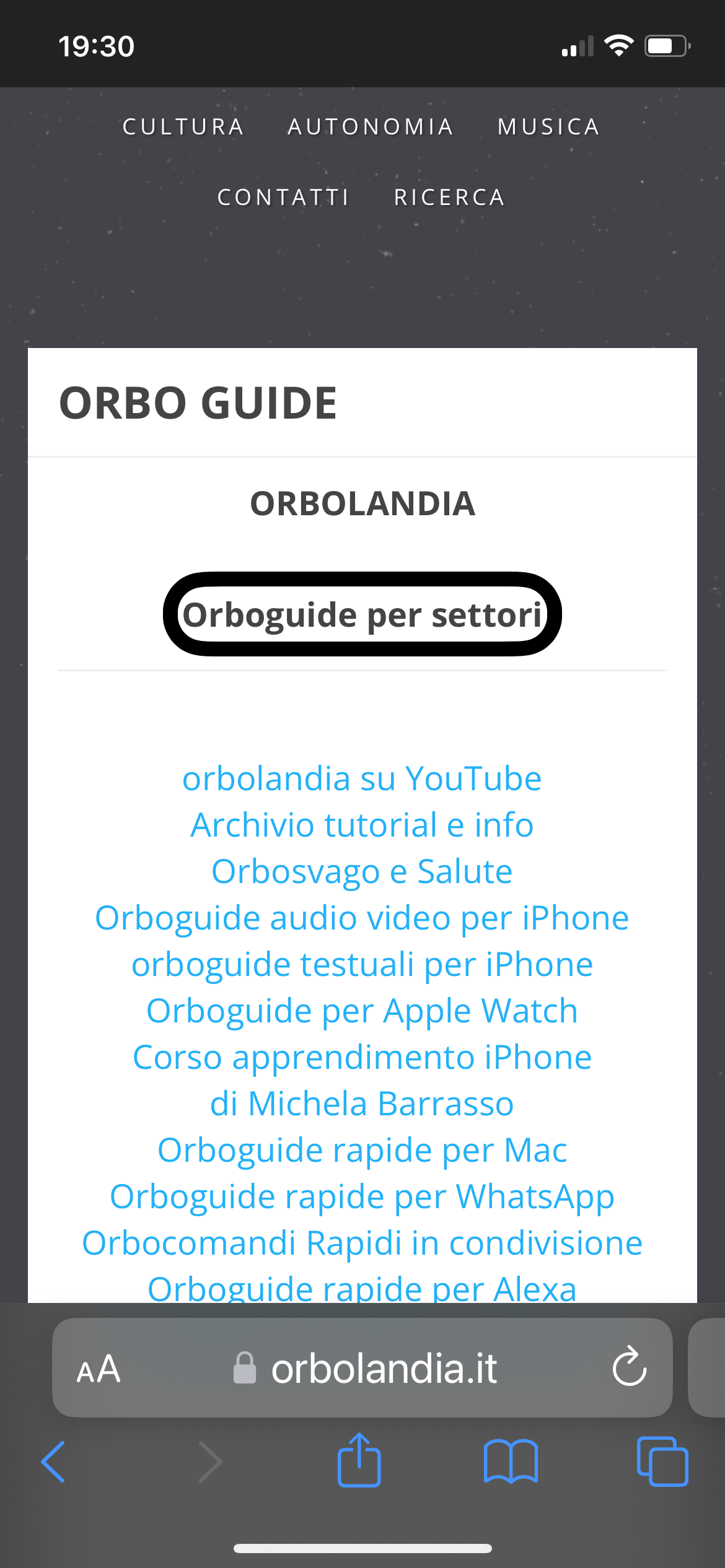 nell’immagine uno screenshot dell’iPhone aperto sul sito di Orbolandia alla sezione Orboguide