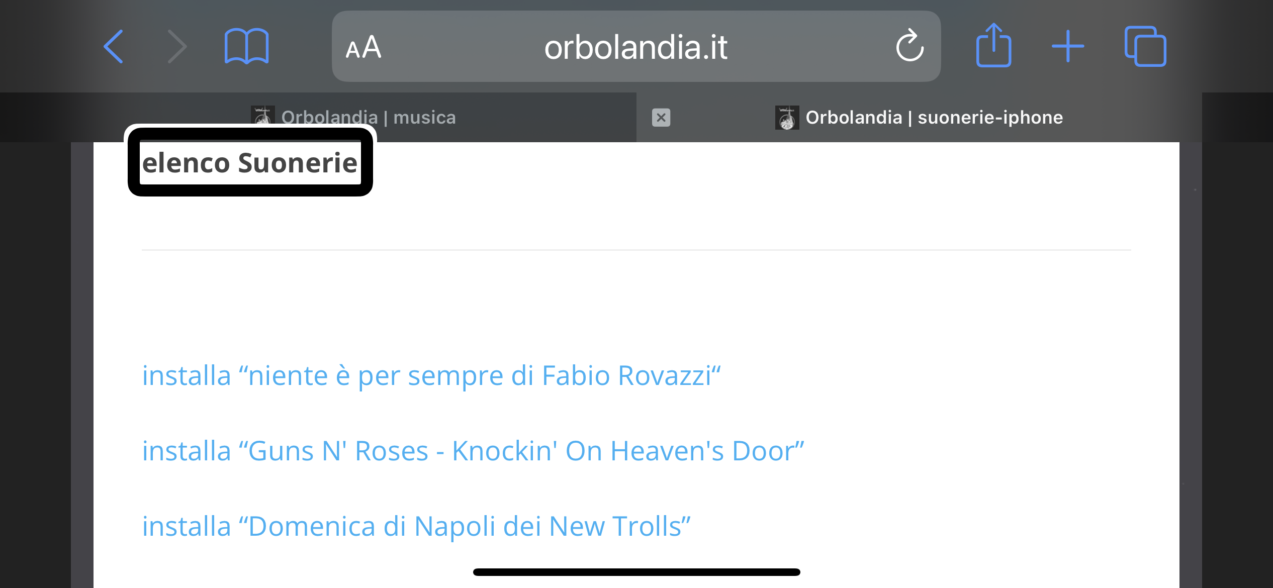 nell’immagine la pagina di Orbolandia aperto sul catalogo gratuito delle suonerie