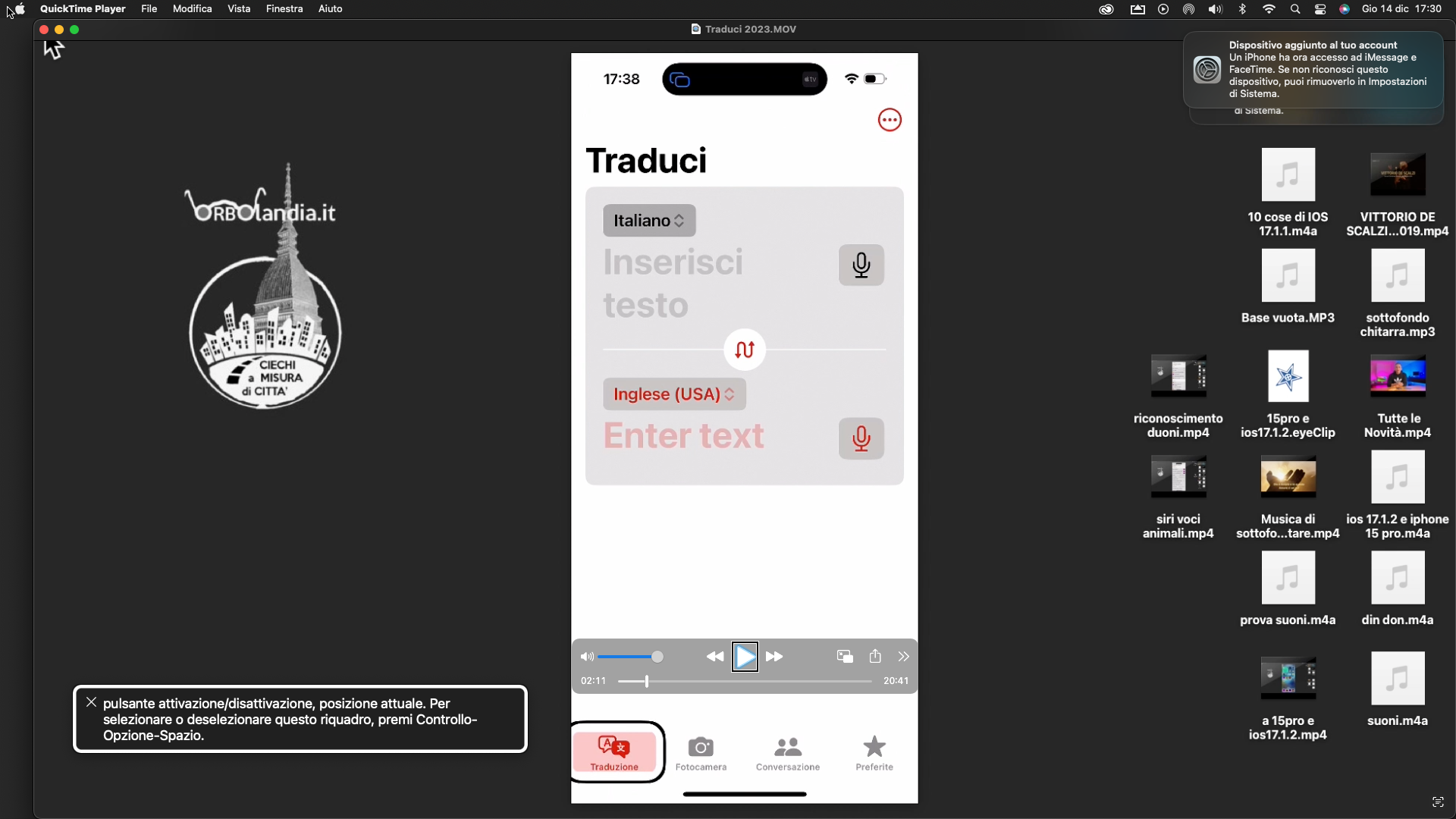 nell’immagine uno screenshot del computer con una finestra aperta con un iPhone a sua volta aperto sull’App Traduci della Apple