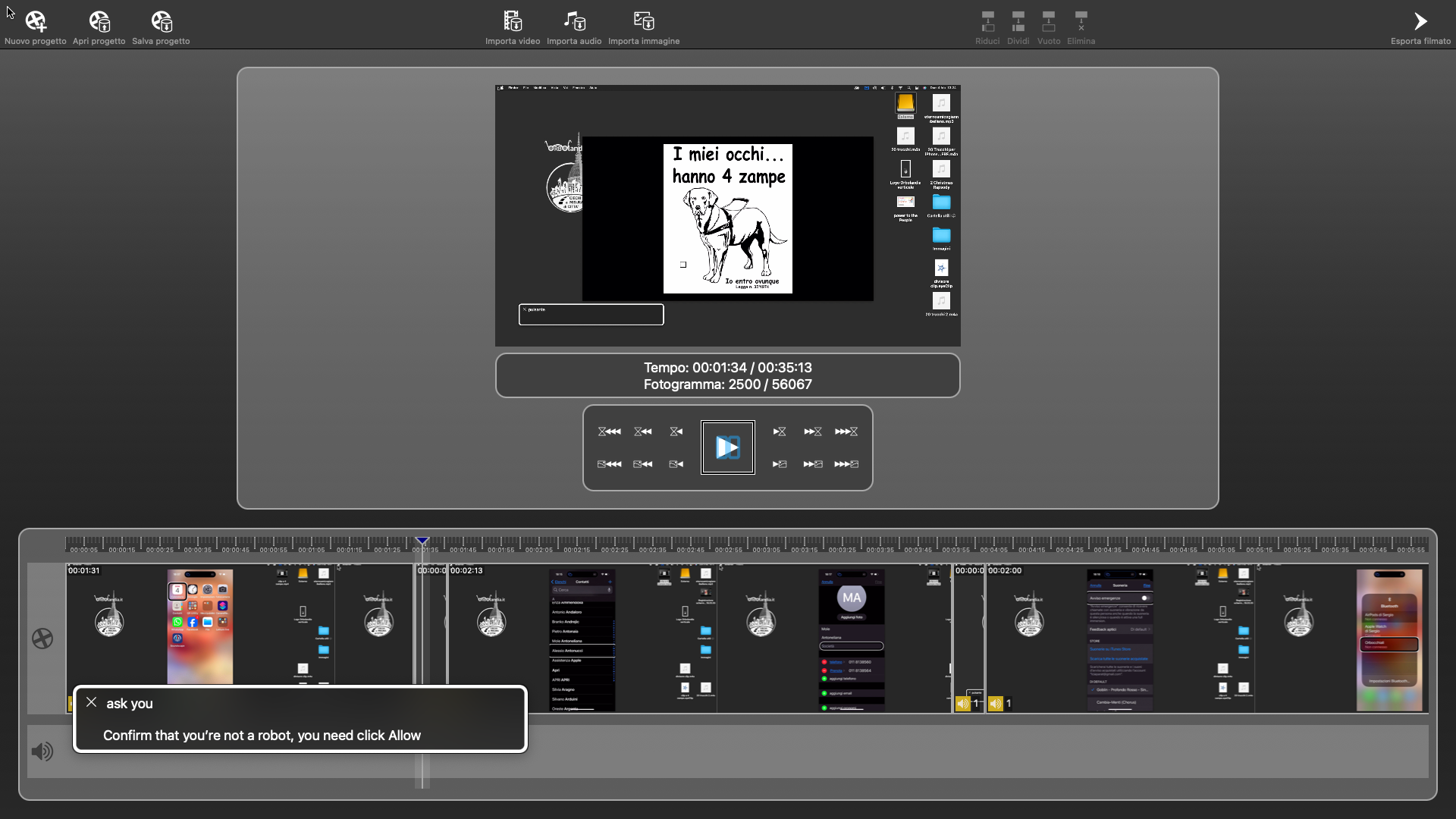 nell’immagine uno screenshot del Mac aperto sull’applicazione Eye clip, l’editor audio video accessibile per non vedenti, mentre si elaborava questo tutorial 