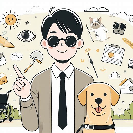 L'immagine mostra un uomo con occhiali neri e un cane guida. 
Sono circondati da vari oggetti e simboli che rappresentano l'accessibilità e l'assistenza per i non vedenti. 
Si nota
Un bastone bianco per non vedenti e Il cane guida seduto al fianco del non vedente indossa una pettorina.