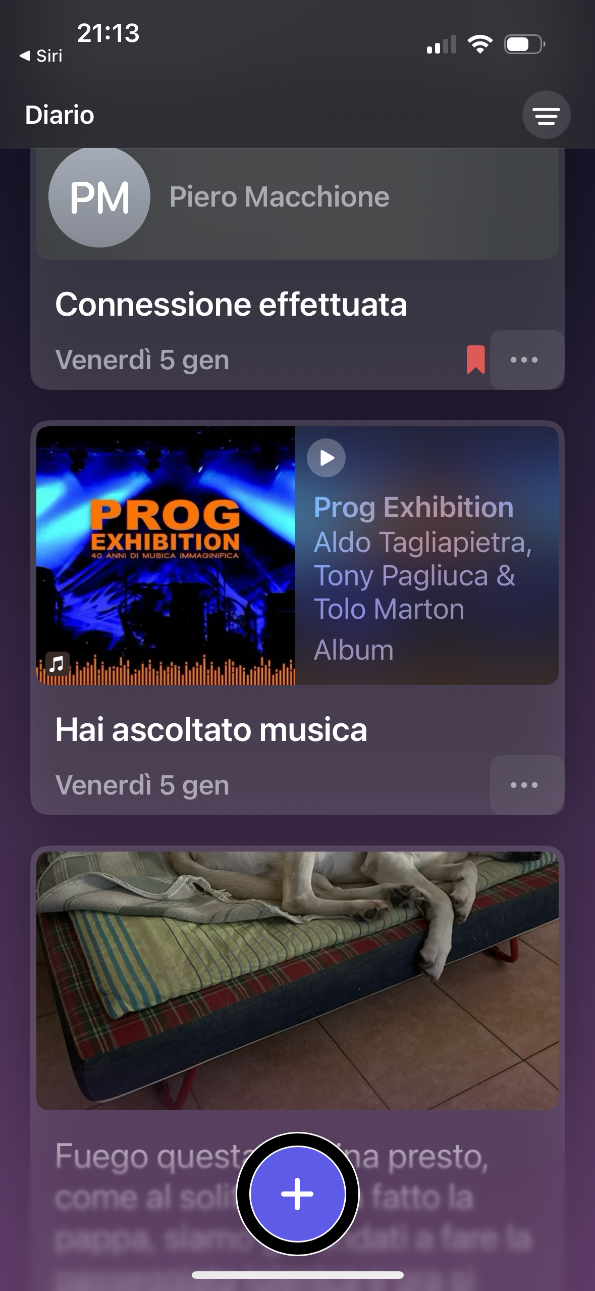 nell’immagine uno screenshot dell’iPhone aperto sulla home dell’applicazione Diario
