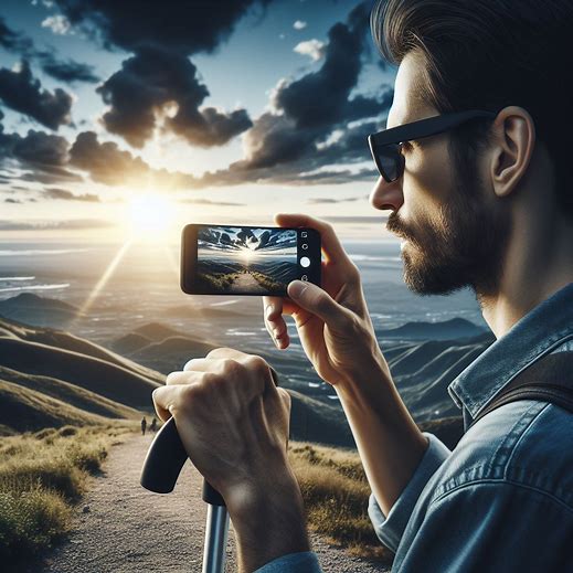 Nell’immagine Un uomo con barba e occhiali neri sta scattando una foto con il suo smartphone, Il sole sta tramontando all'orizzonte e l'uomo si trova su un sentiero in montagna, Il cielo è parzialmente nuvoloso e le colline si estendono fino all'orizzonte, L'uomo indossa una giacca di jeans e tiene un bastone bianco con la mano sinistra mentre usa la destra per scattare la foto