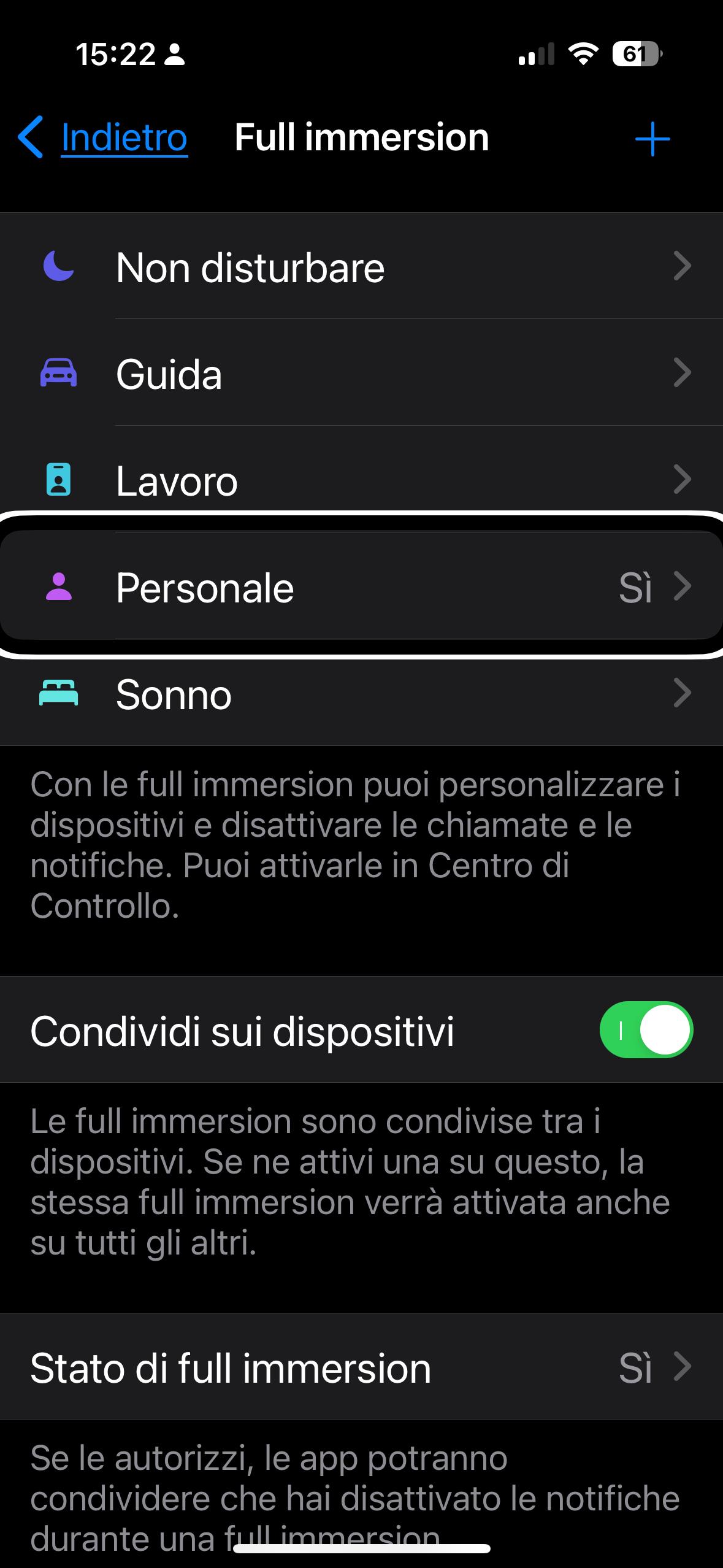 nell’immagine uno screenshot dell’iPhone aperto nella sezione full Immersion