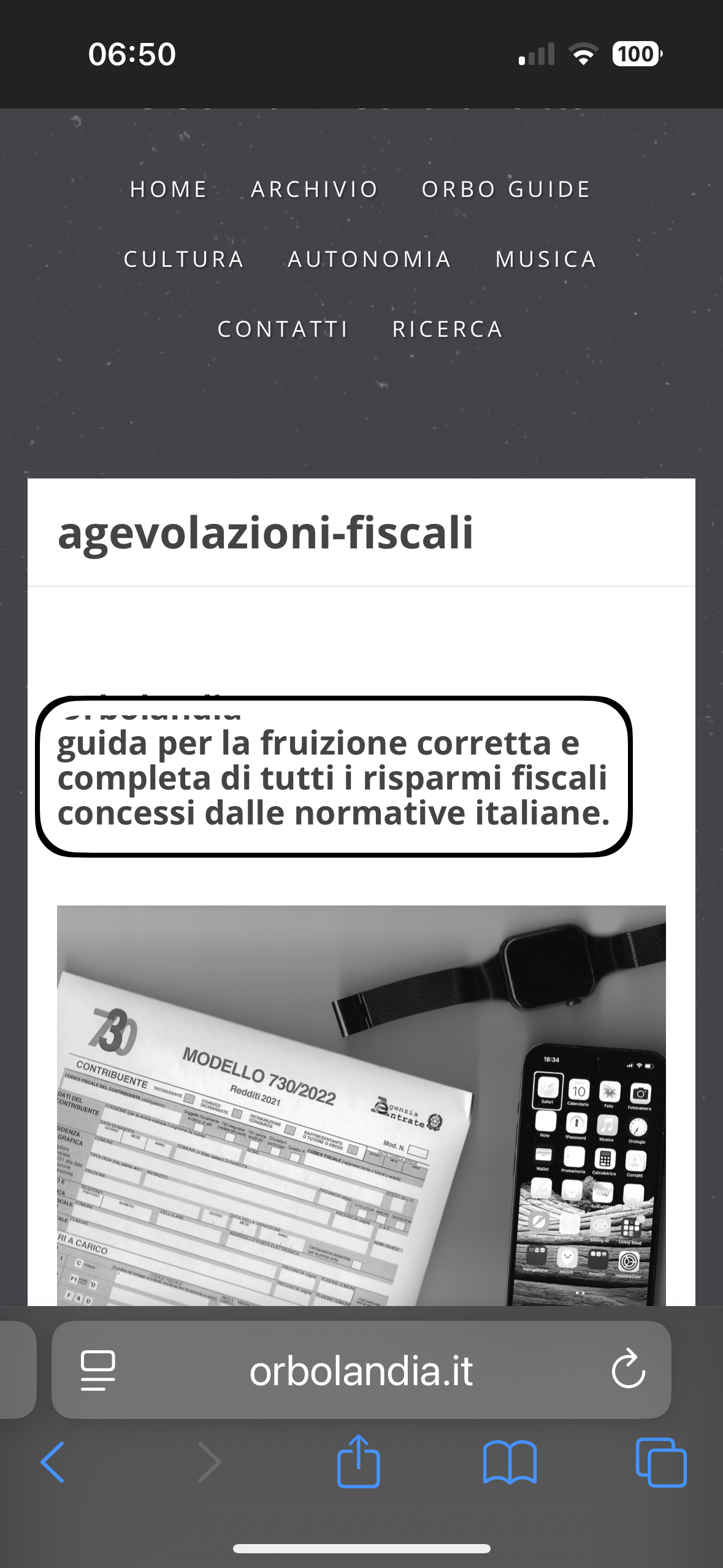 nell’immagine uno screenshot dell’iPhone aperto nel sito di Orbolandia e più specificatamente alla sezione autonomia-agevolazioni fiscali