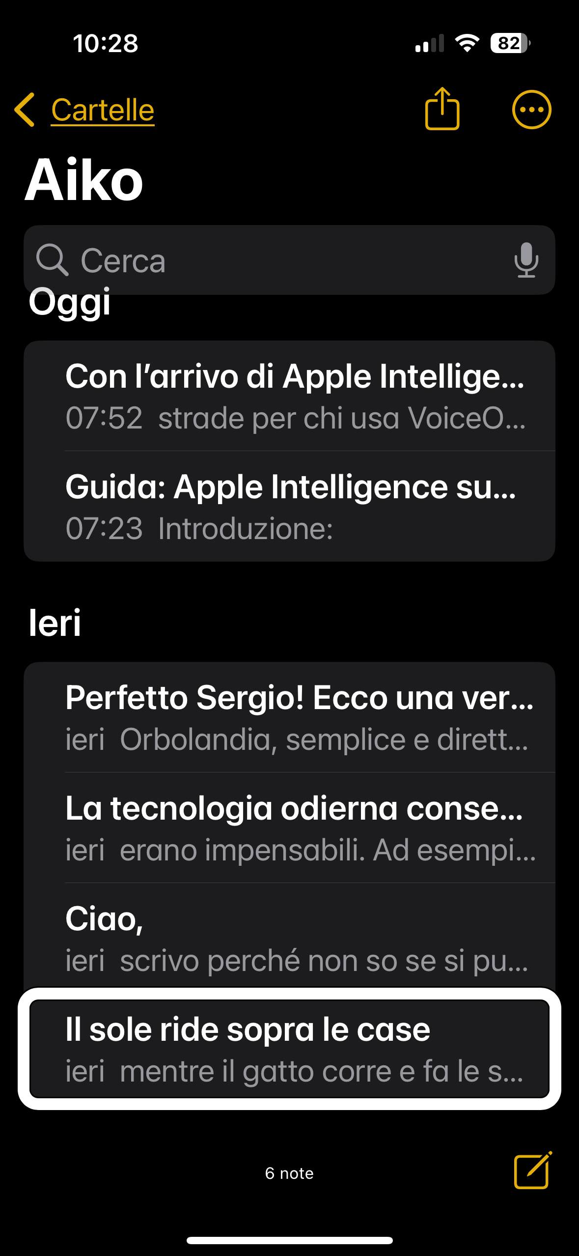 nell’immagine uno screenshot dell’iPhone aperto nell’applicazione Note per l’esecuzione del tutorial di Apple intelligence
