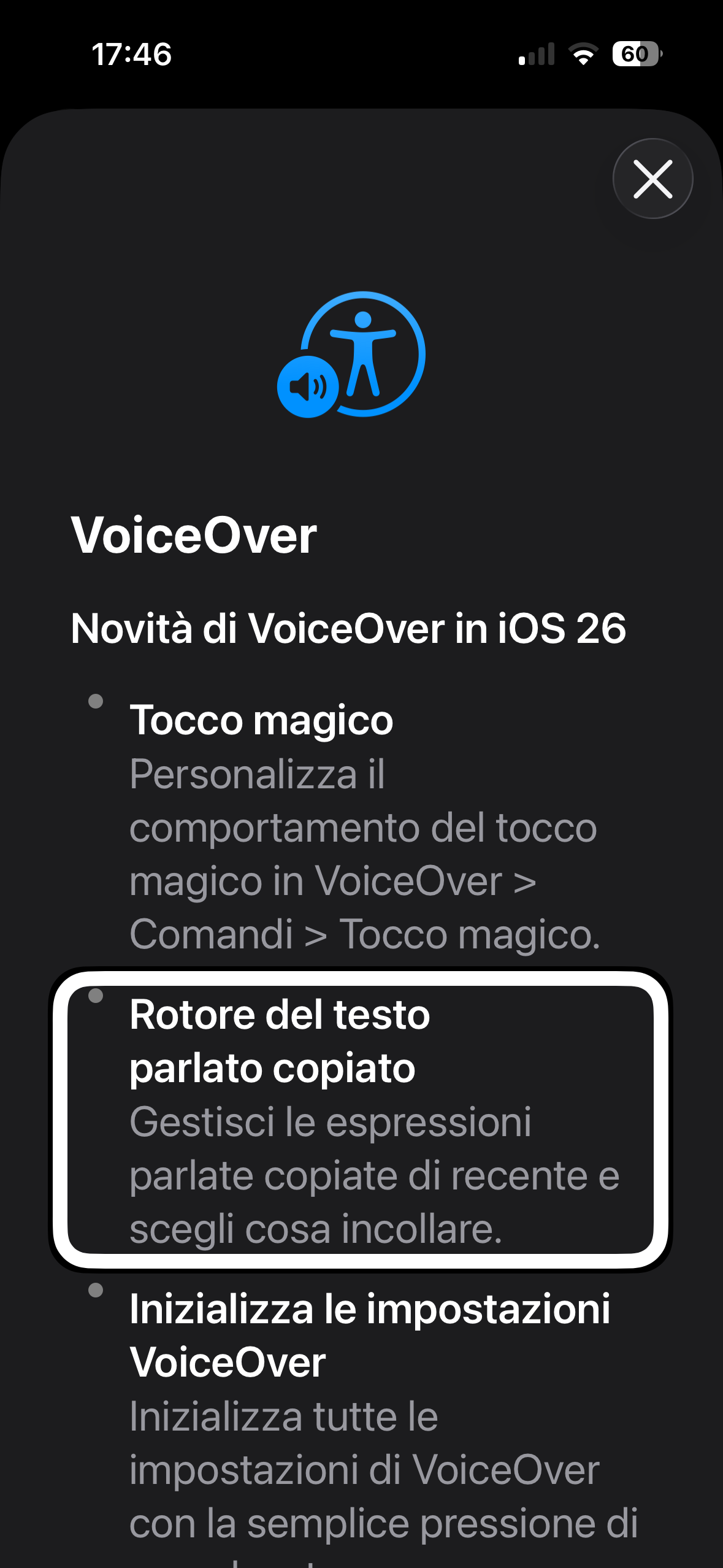nell’immagine uno screenshot dell’iPhone aperto in impostazioni, accessibilità, VoiceOver, novità di VoiceOver!