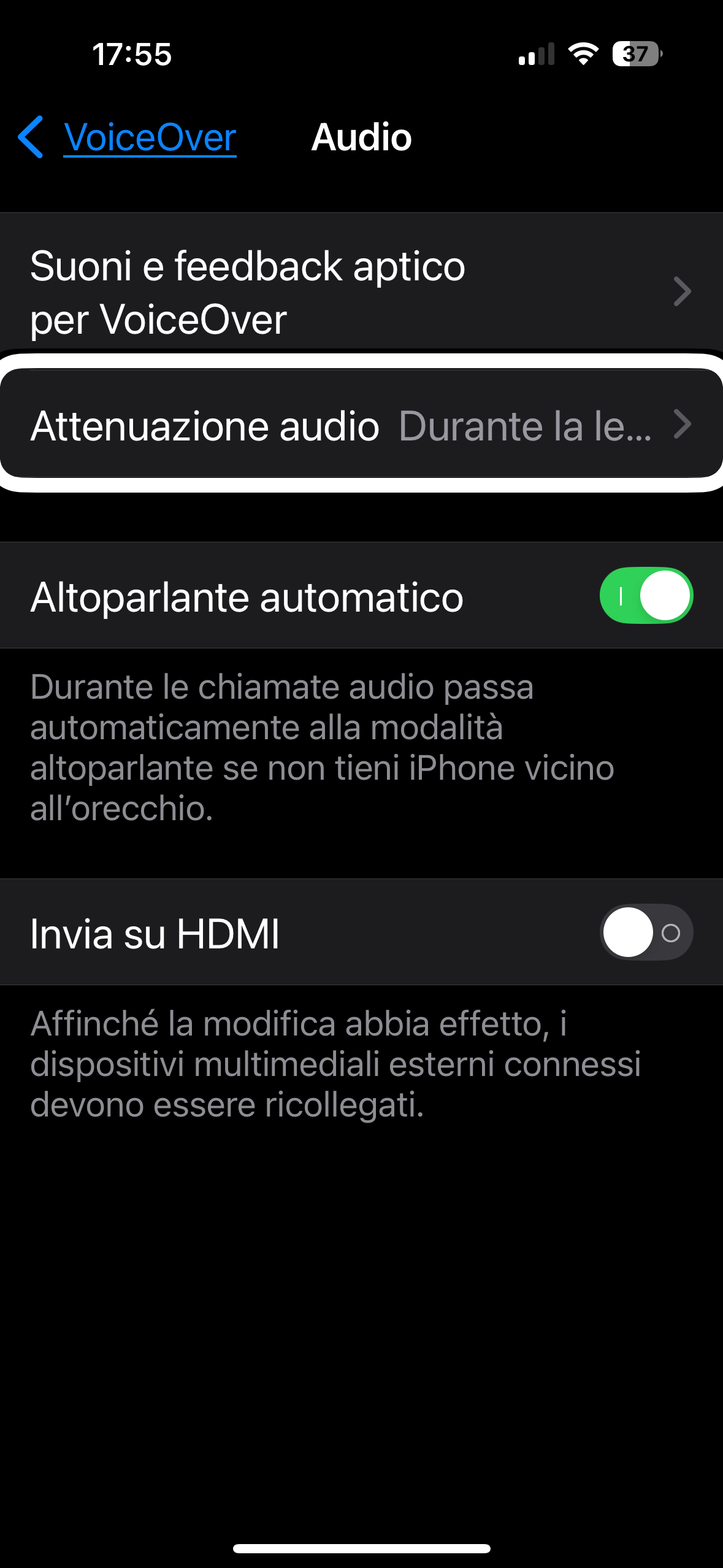 nell’immagine uno screenshot dell’iPhone aperto nelle impostazioni e più precisamente nella sezione audio