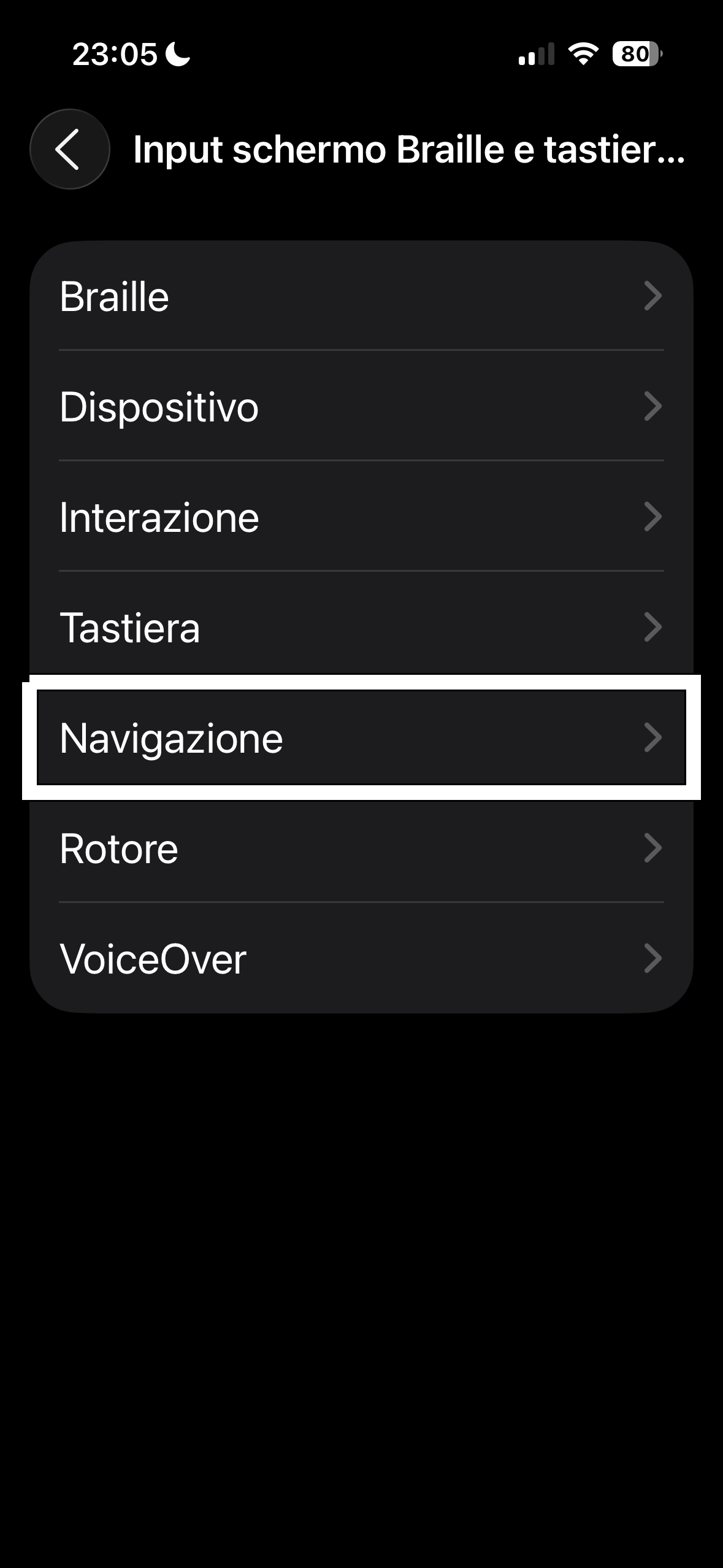 nell’immagine è uno screenshot dell’iPhone aperto in impostazioni, accessibilità, VoiceOver, barra braille