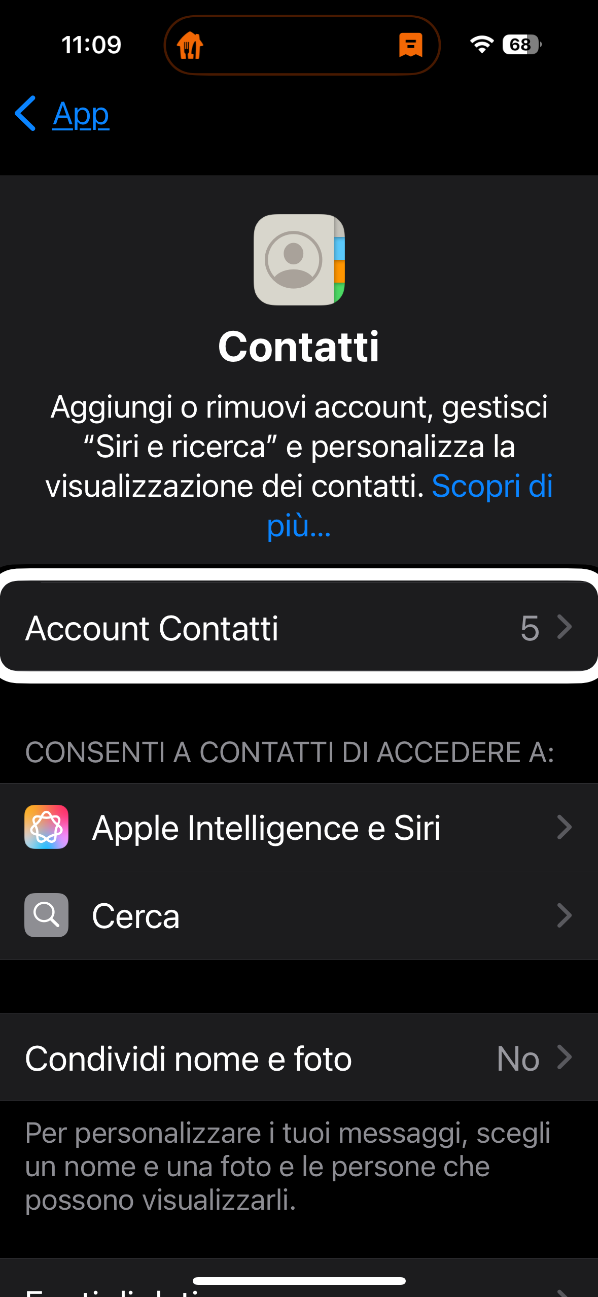 nell’immagine uno screenshot dell’iPhone aperto nelle impostazioni alla voce contatti