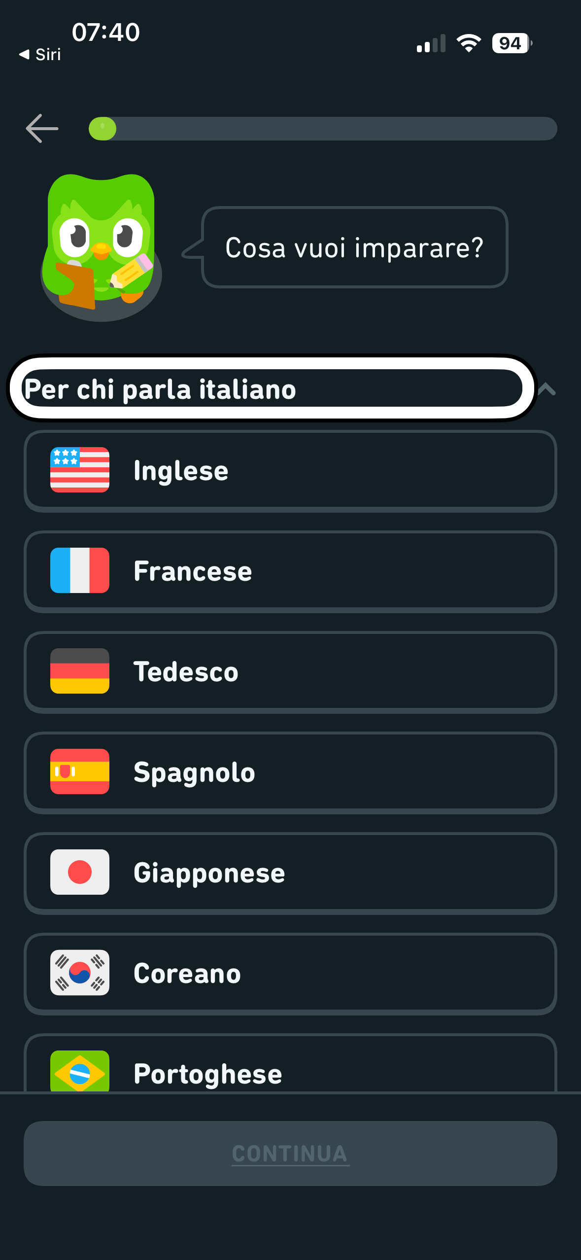 nell’immagine uno screenshot dell’iPhone aperto nell’applicazione Duolingo