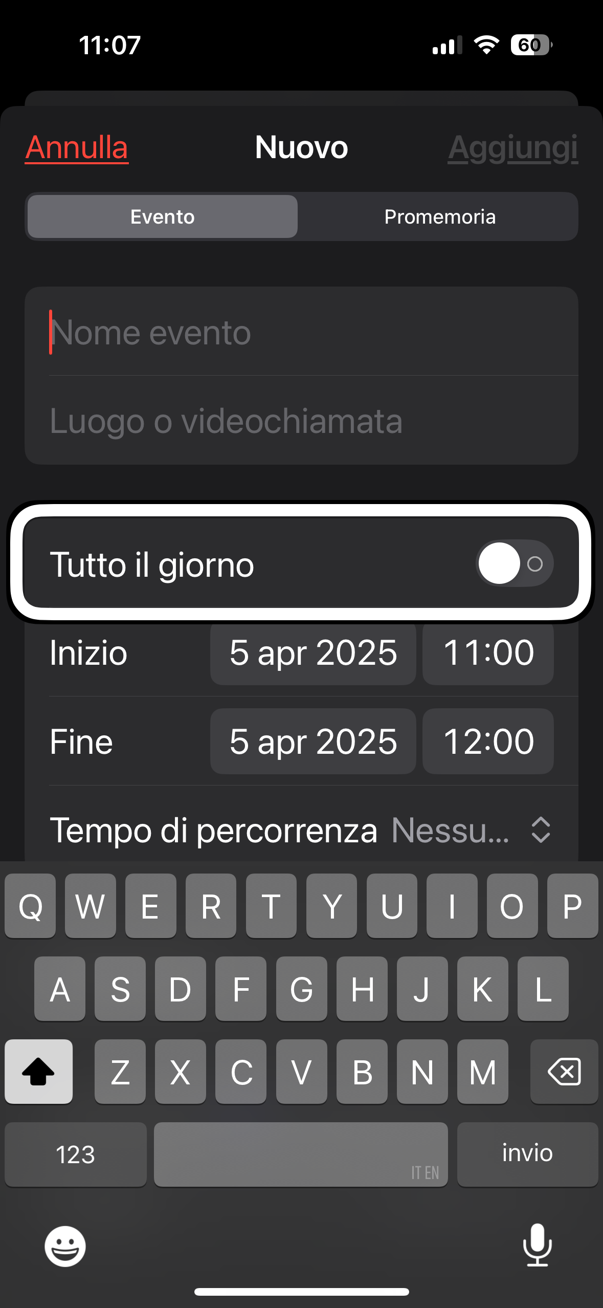 nell’immagine uno screenshot dell’iPhone aperto nell’applicazione calendario promemoria