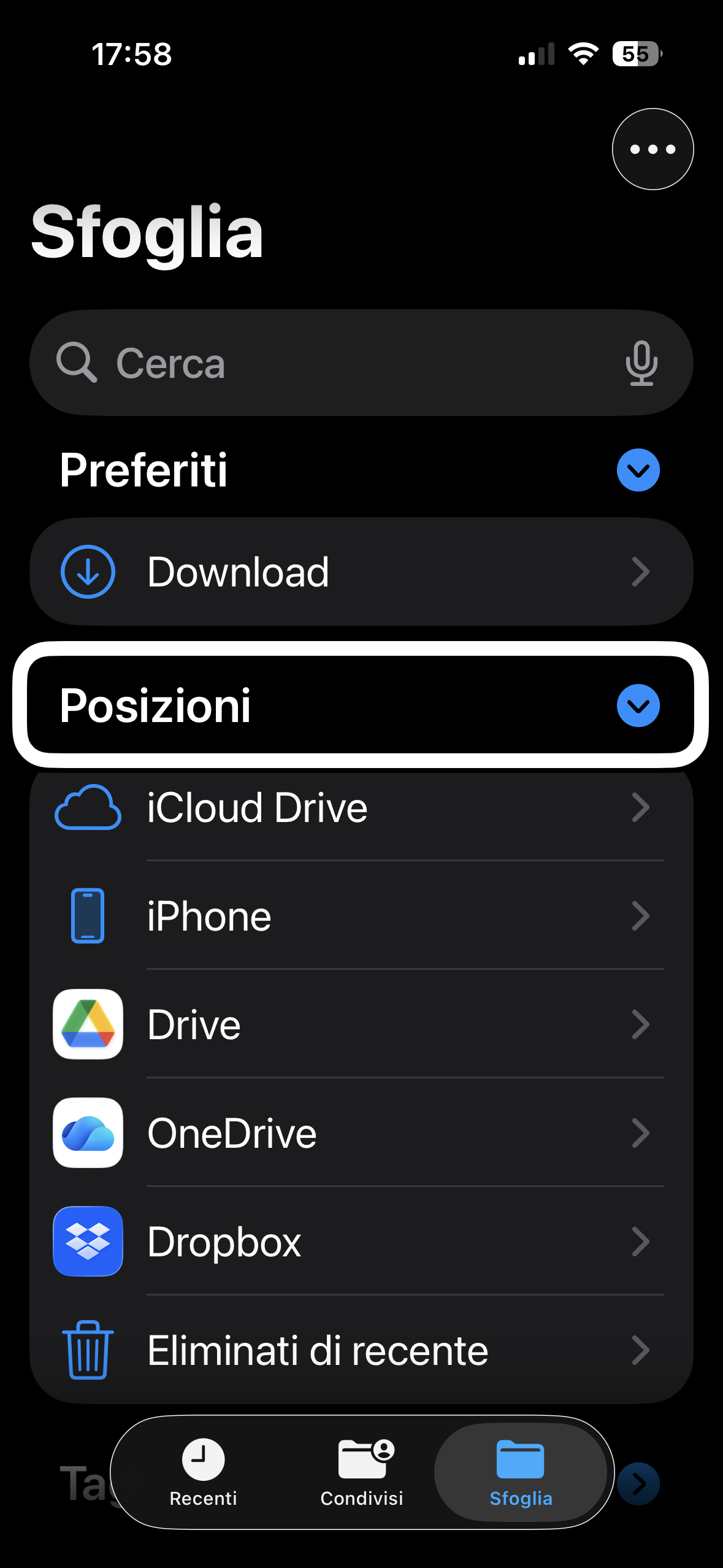 nell’immagine uno screenshot dell’iPhone aperto su sfoglia le posizioni di file