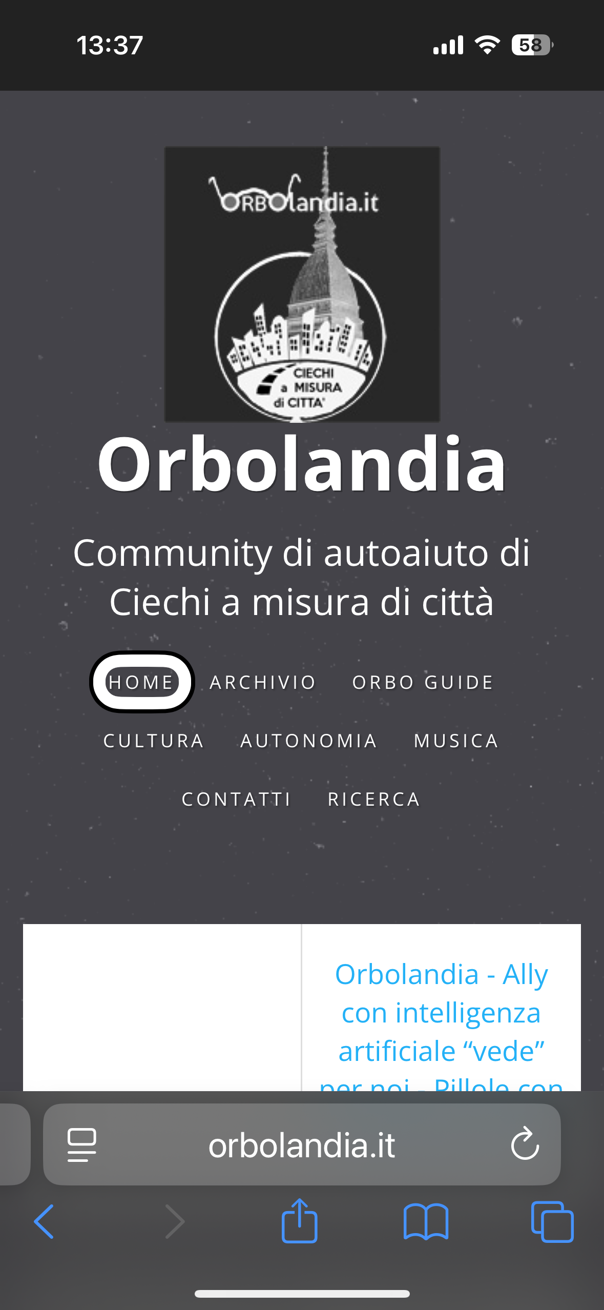 nell’immagine uno screenshot dell’iPhone aperto nel menu della pagina di Orbolandia