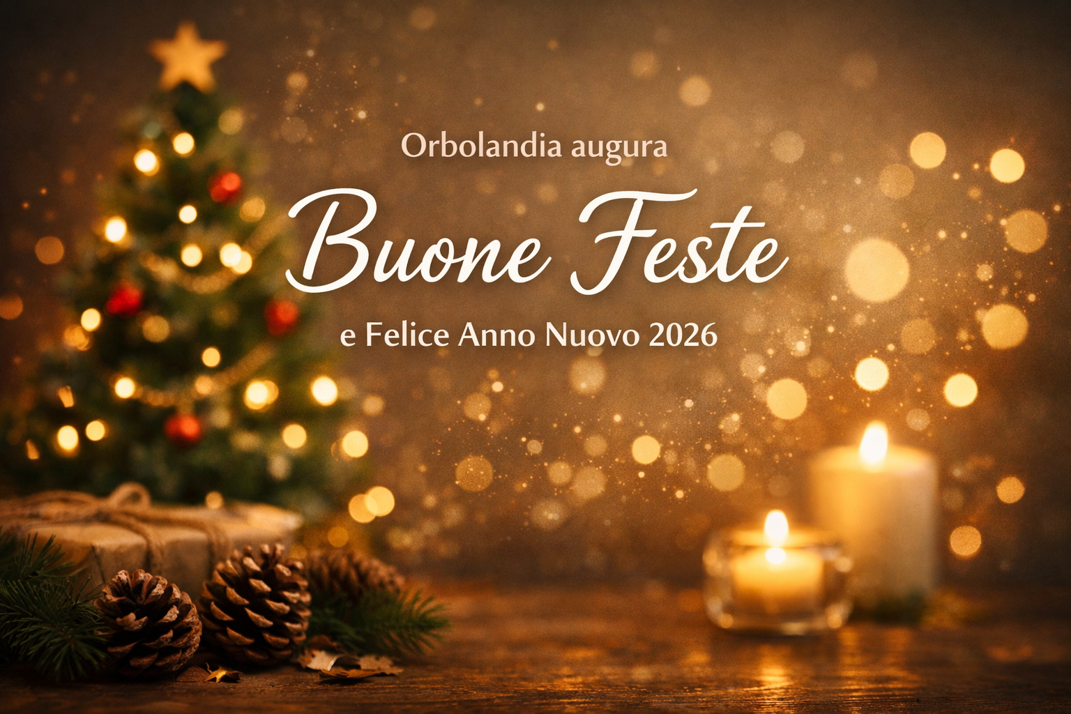 Immagine natalizia dai toni caldi e dorati. Sullo sfondo, leggermente sfocato, c’è un piccolo albero di Natale decorato con luci e palline. In primo piano, su un tavolo in legno, si vedono una candela accesa, pigne e rami sempreverdi. Al centro dell’immagine compare la scritta: “Orbolandia augura Buone Feste e Felice Anno Nuovo 2026”. L’atmosfera è sobria, accogliente e non religiosa.