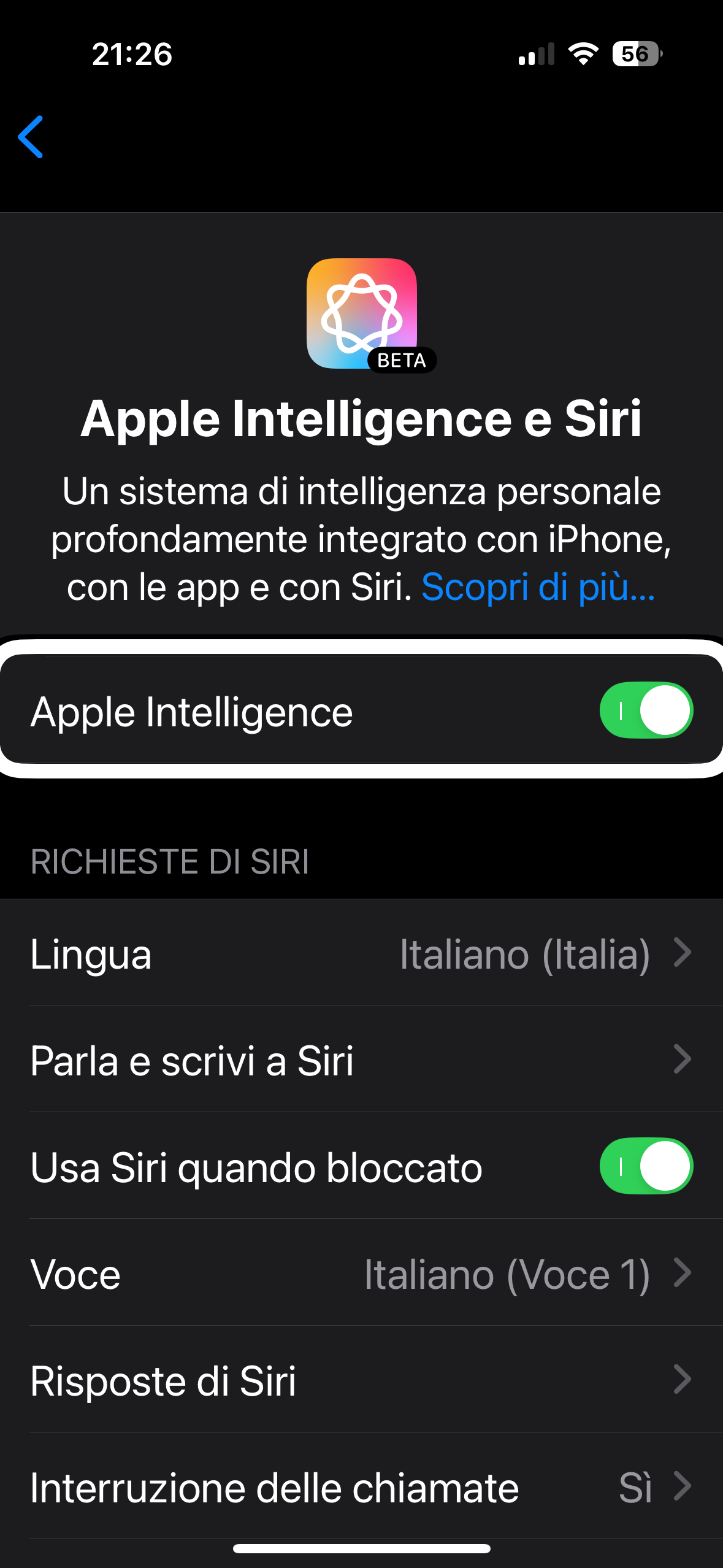 nell’immagine uno screenshot dell’iPhone aperto nelle impostazioni di Siri ed Apple intelligence