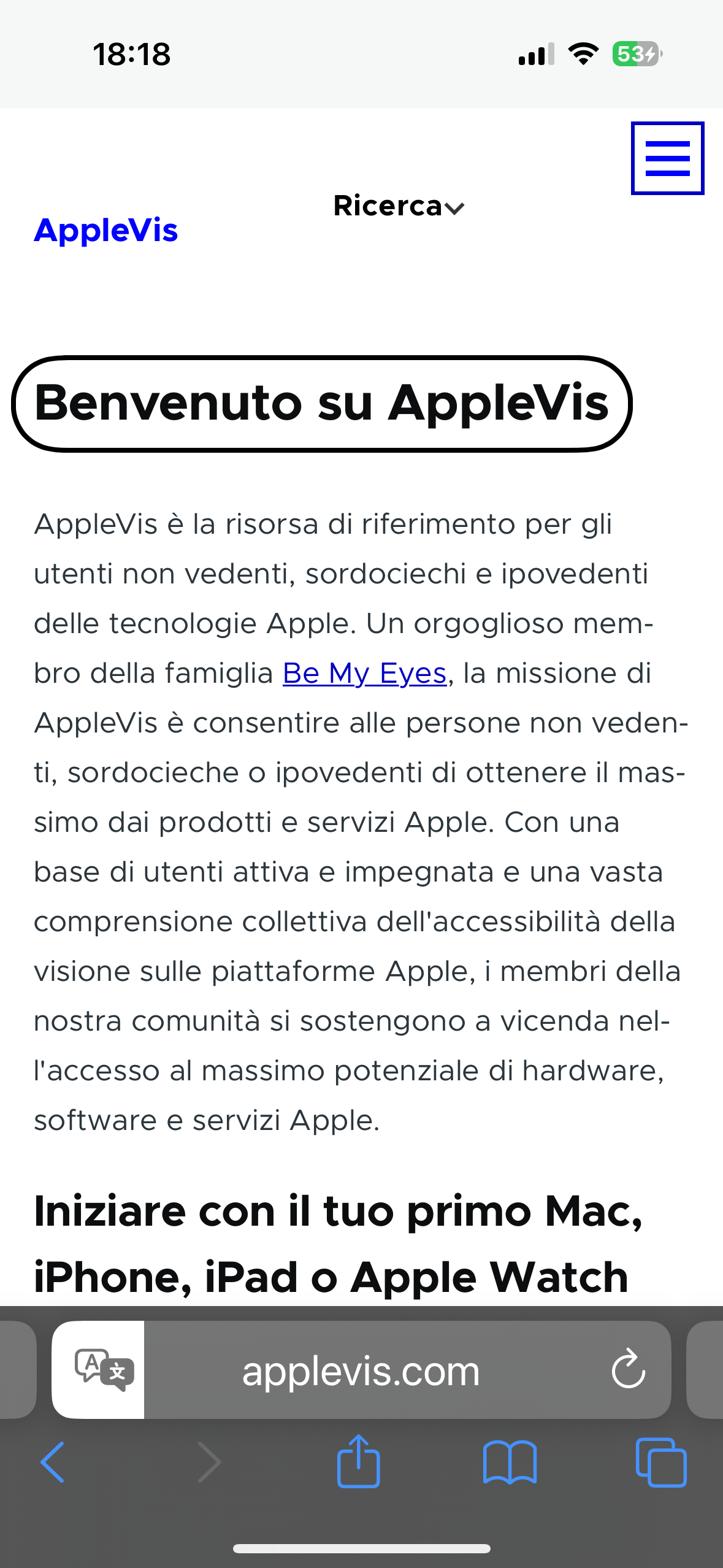 nell’immagine uno screenshot dell’iPhone aperto su Safari mentre mostra come tradurre la pagina inglese di AppleVis in italiano