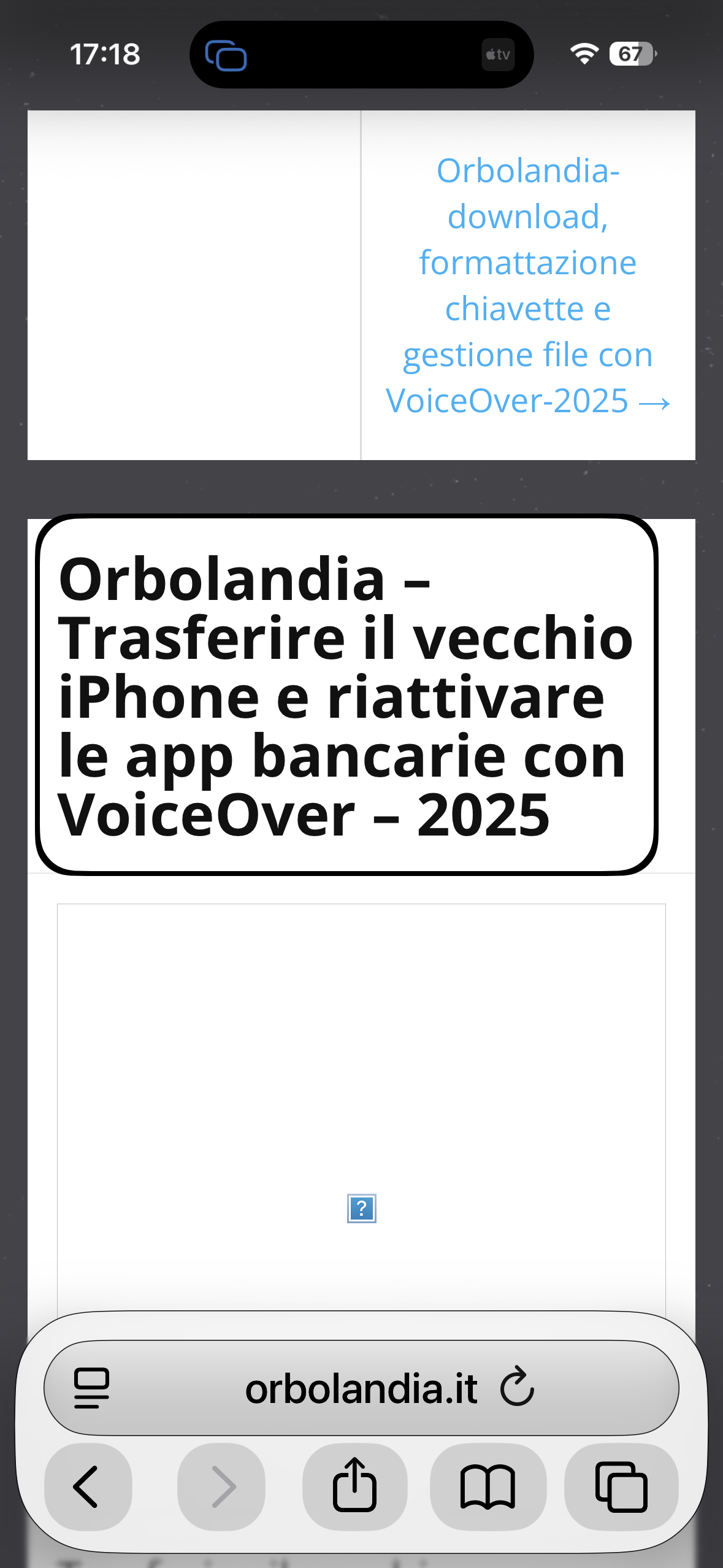 nell’immagine uno screenshot dell’iPhone aperto sulla home del sito di Orbolandia mentre si descrive l’articolo sul trasferimento del vecchio smartphone al nuovo iPhone e come completare l’istallazione delle app bancarie