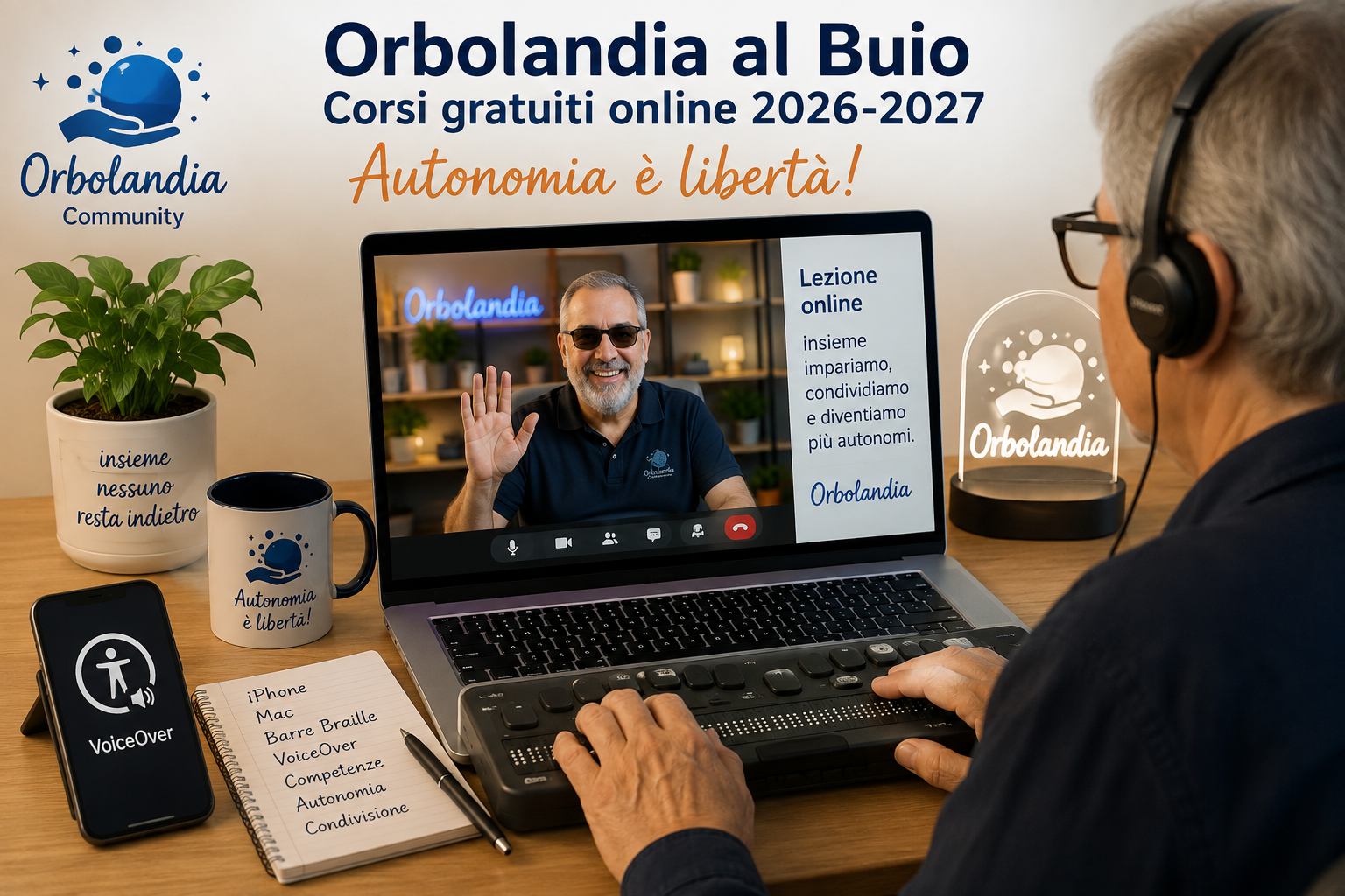 Orbolandia al Buio: corsi gratuiti online 2026-2027 per imparare a usare le tecnologie assistive con VoiceOver.
