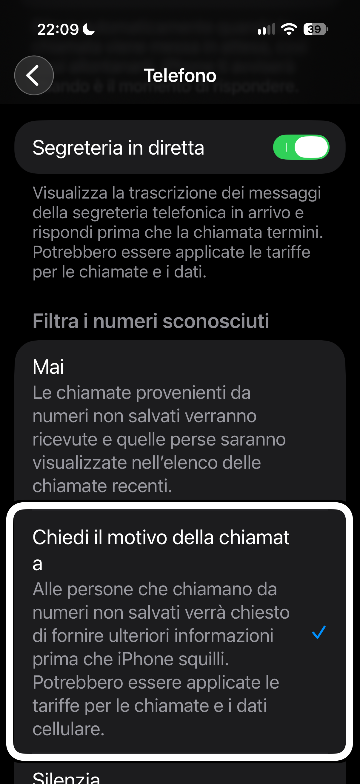 nelle immagini uno screenshot dell’iPhone aperto in impostazioni, Tel, dove poter individuare ed eseguire le nuove intestazioni per cercare di fermare i call center e i numeri sconosciuti