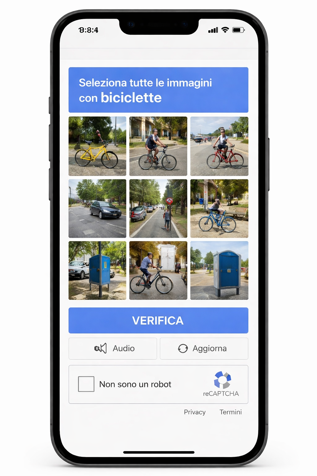 nell’immagine uno screenshot dell’iPhone aperto in una pagina con un esempio di un captcha dove viene chiesto di selezionare le immagini con delle bici, si trova anche il pulsante verifica audio e la spiegazione 