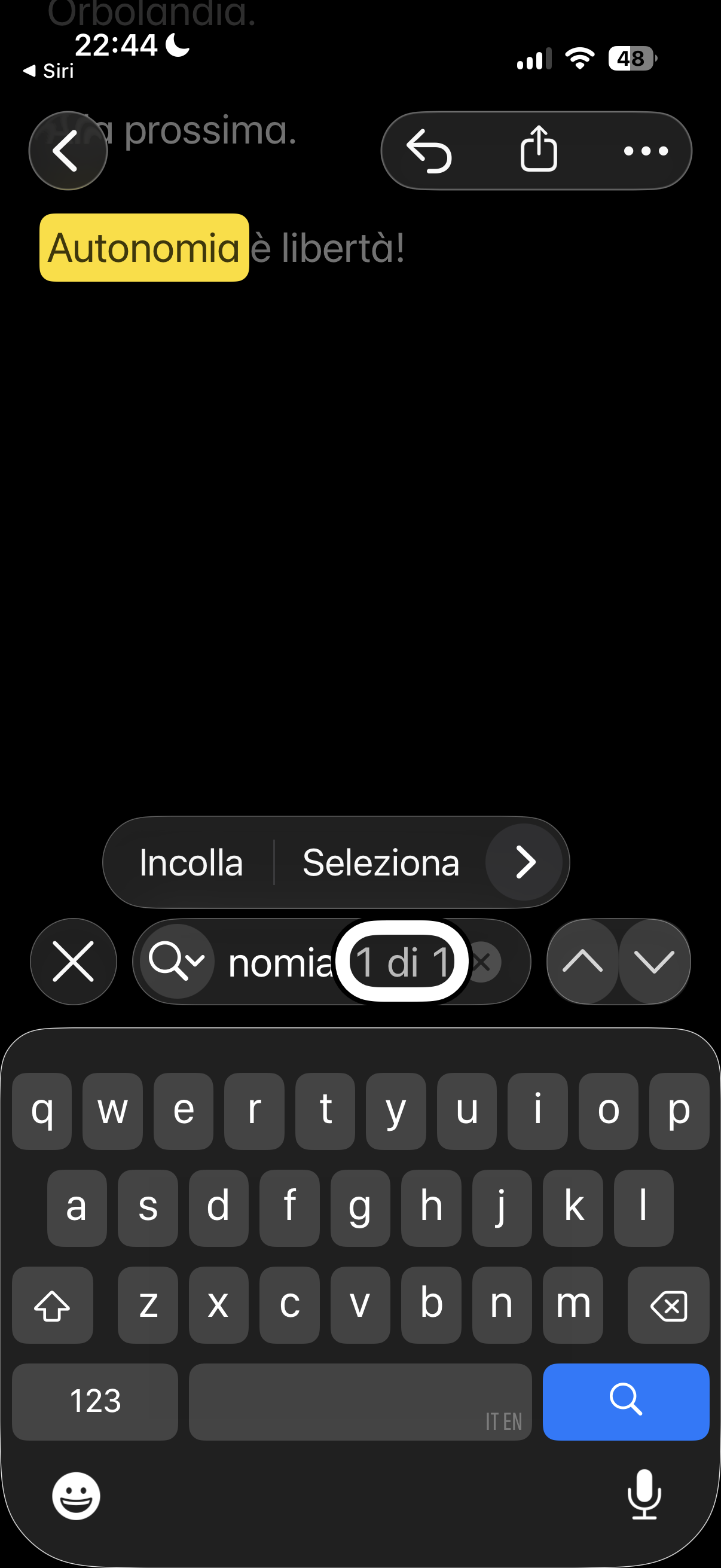 nell’immagine uno screenshot dell’iPhone aperto in note mentre si sta facendo la ricerca di una parola, di una riga o di un paragrafo