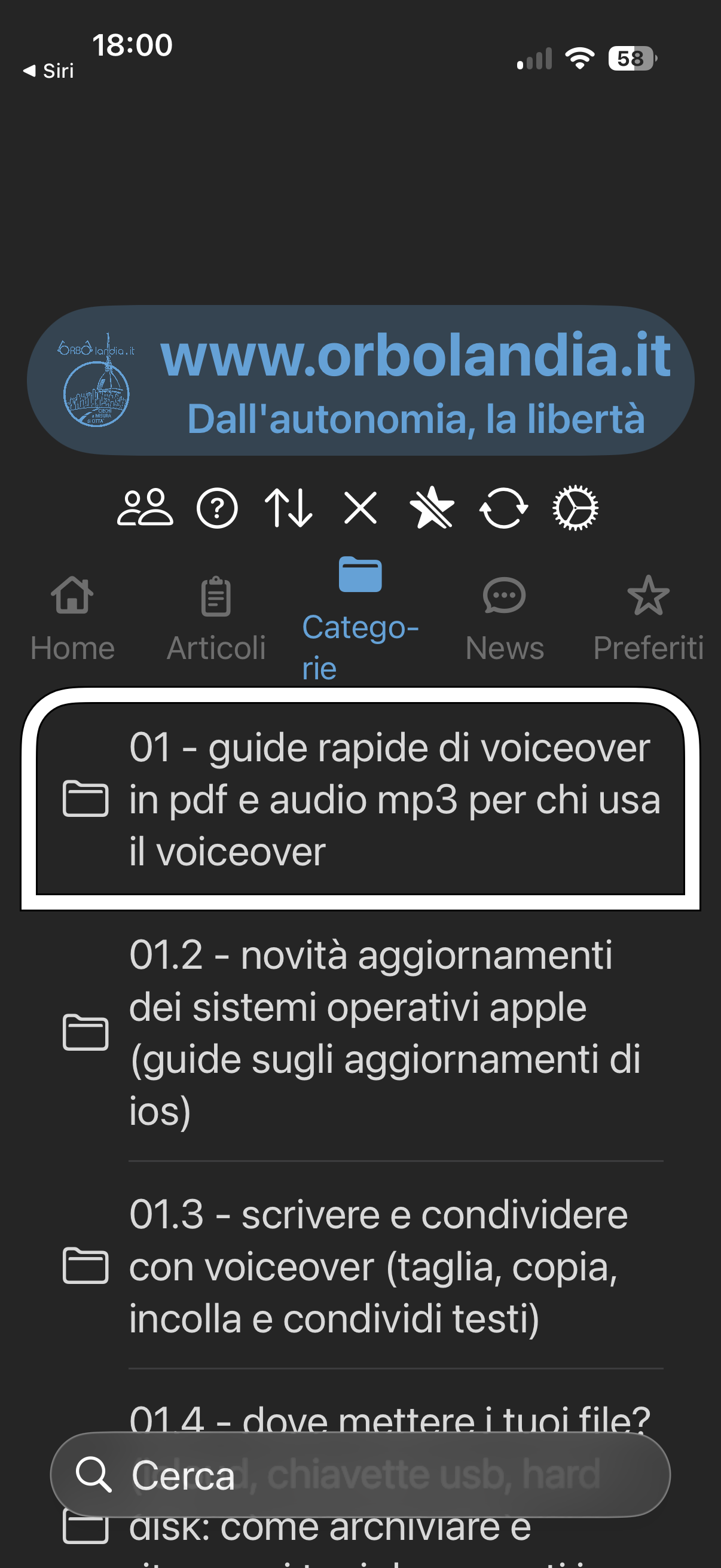 nell’immagine uno screenshot dell’iPhone aperto nell’applicazione di Orbolandia e più precisamente Nella nuova categoria delle guide rapide di VoiceOver