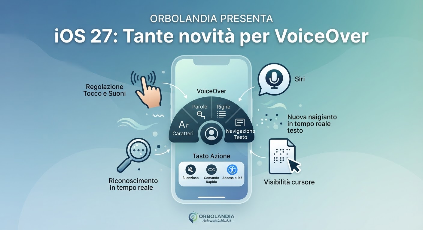nell’immagine simboli e scritte che riguardano le novità di iOS 27 con le nuove impostazioni di VoiceOver