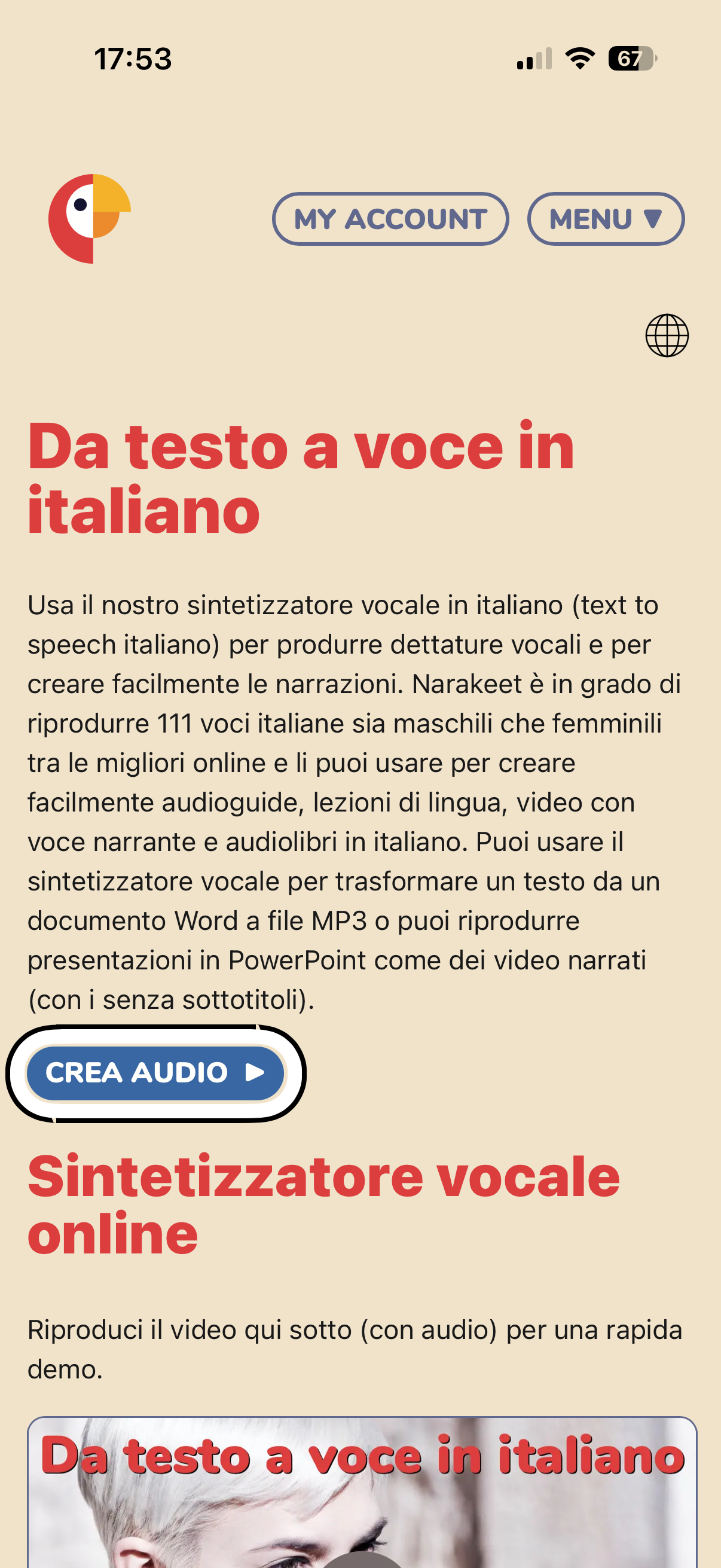 nell’immagine uno screenshot dell’iPhone aperto su applicazione Safari e più precisamente sulla pagina di Narakeet