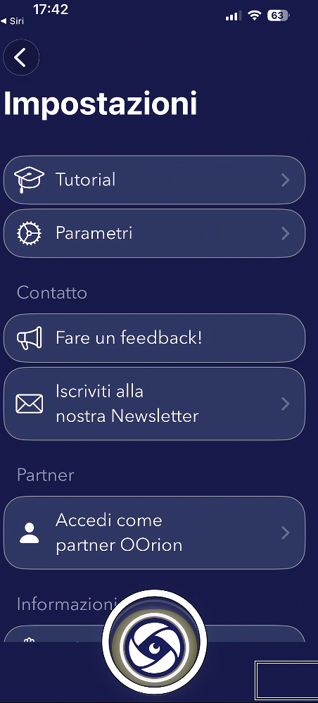 nell’immagine uno screenshot dell’iPhone aperto nell’applicazione di OOrion e più precisamente nella sezione impostazioni pronti per Interfacciarsi con i Ray-Ban Meta 