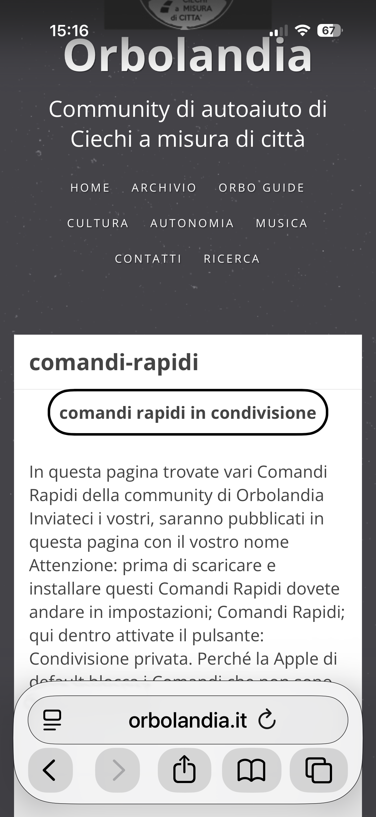 nell’immagine uno screenshot della pagina dei Comandi Rapidi di Orbolandia mentre viene registrato il tutorial