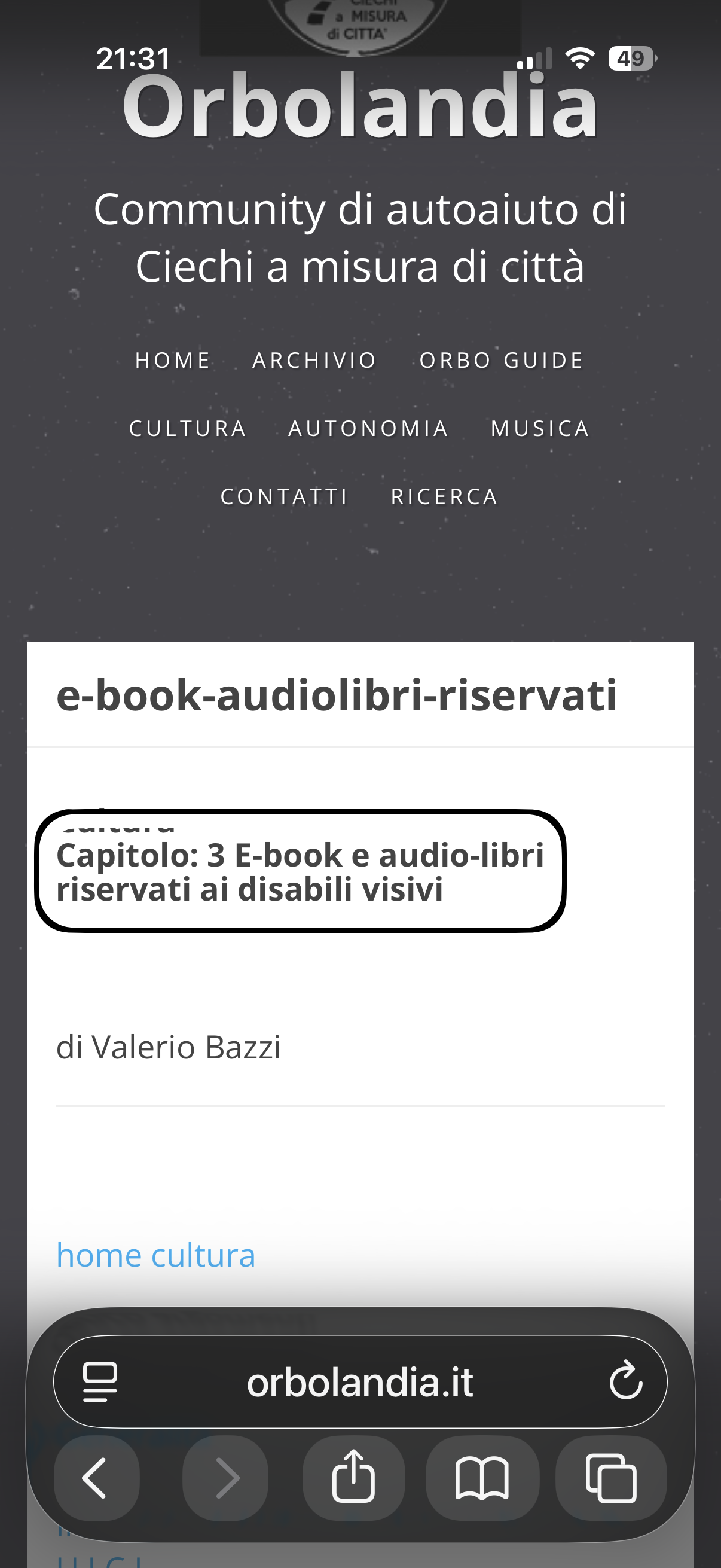 nell’immagine uno screenshot dell’iPhone aperto su Safari alla pagina di Orbolandia che riguarda l’articolo e la Guida su Postalibro di Valerio Bazzi