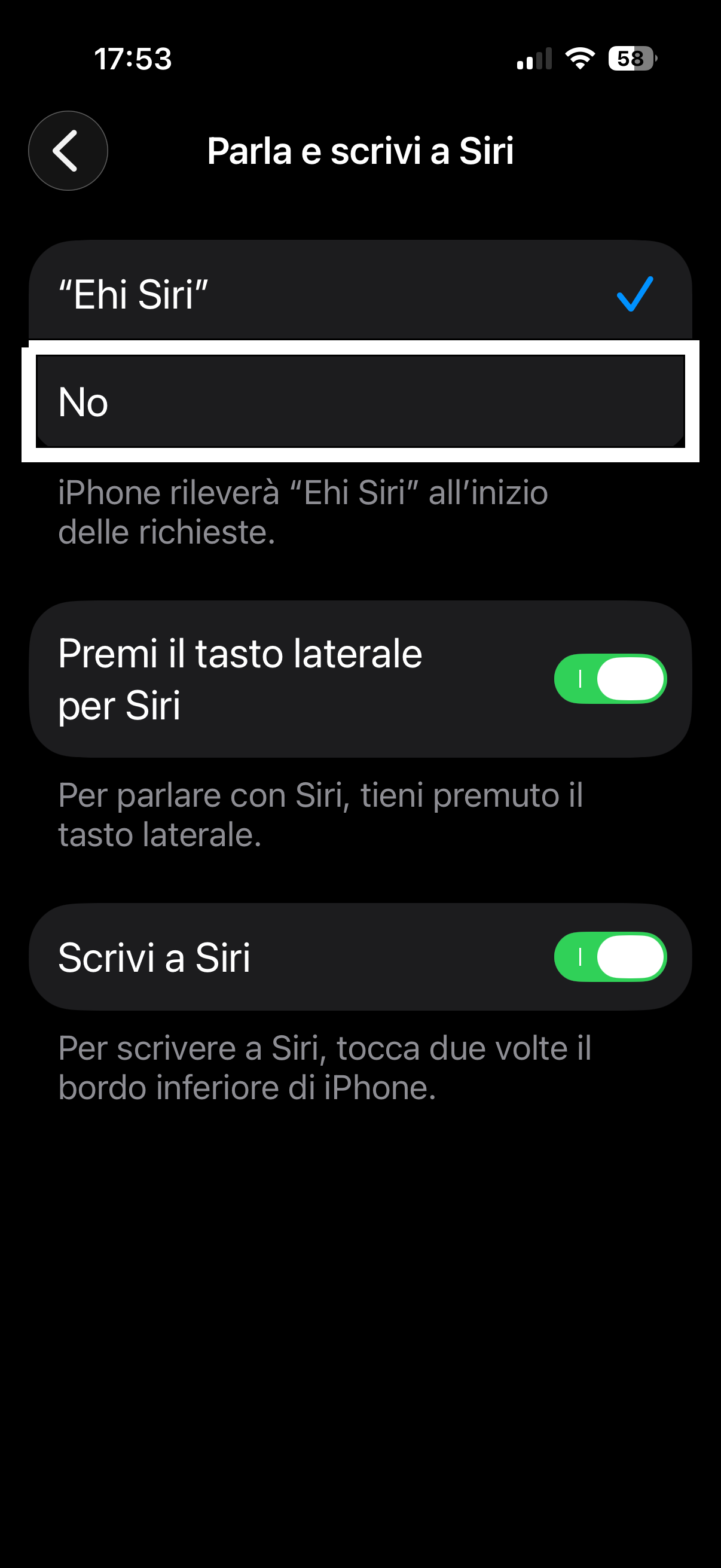 nell’immagine uno screenshot dell’iPhone aperto in impostazioni, Siri, pronti per resettarlo