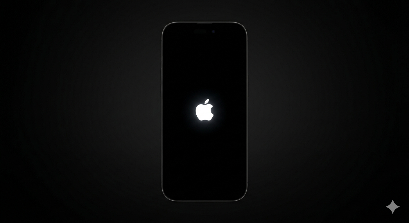 nell’immagine un iPhone mentre si sta riavviando con lo schermo nero e in Centro il logo bianco della mela morsicata Apple