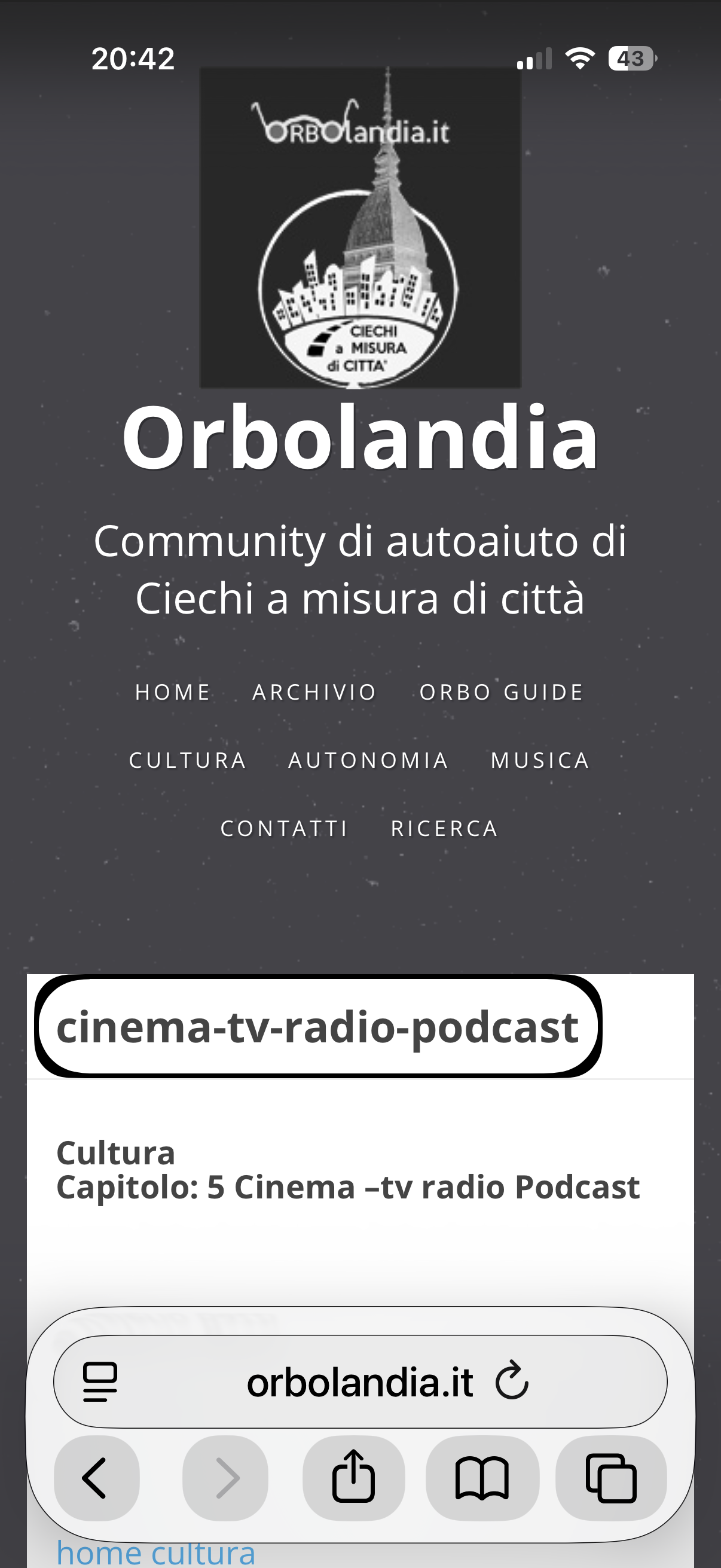 nell’immagine uno screenshot dell’iPhone aperto su Safari nella pagina di Orbolandia alla sezione CineRadio podcast per mostrare senza barriere Onlus e i suoi audio film descritti