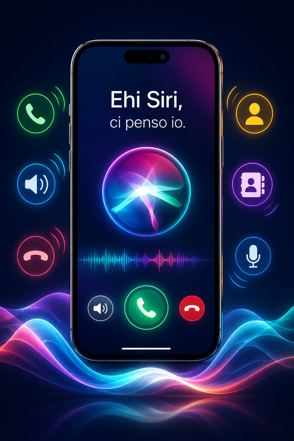 Immagine di un iPhone con sullo schermo Siri attiva e la scritta Ehi Siri, ci penso io. Al centro c’è il classico globo luminoso di Siri con un’onda sonora multicolore sottostante e, in basso, i pulsanti di chiamata verde rispondi e rosso termina. Intorno al telefono compaiono icone circolari colorate di chiamata, altoparlante, microfono e contatti, su sfondo scuro con onde luminose blu e viola in stile futuristico.