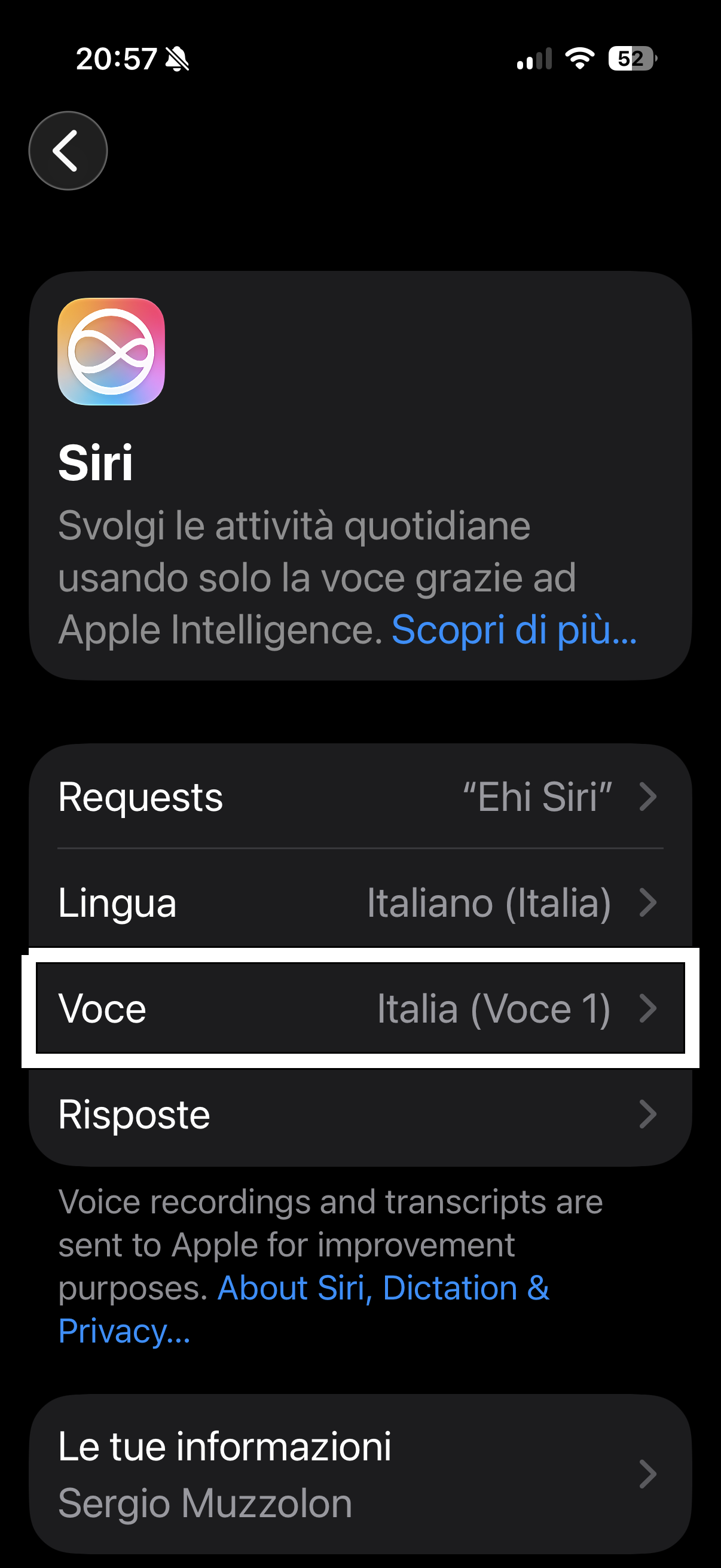 nell’immagine uno screenshot dell’iPhone aperto in impostazioni Siri